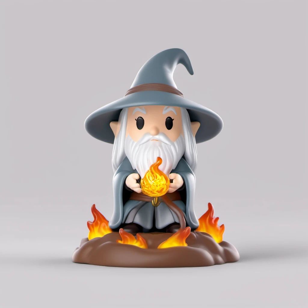 blind box style of GANDALF made of plastic holding magic fire sitting on the ground, chibi, solo,(big head:1.2),small body,octane render, highly detailed, volumetric, dramatic lighting,pop, <lora:pop:0.8>