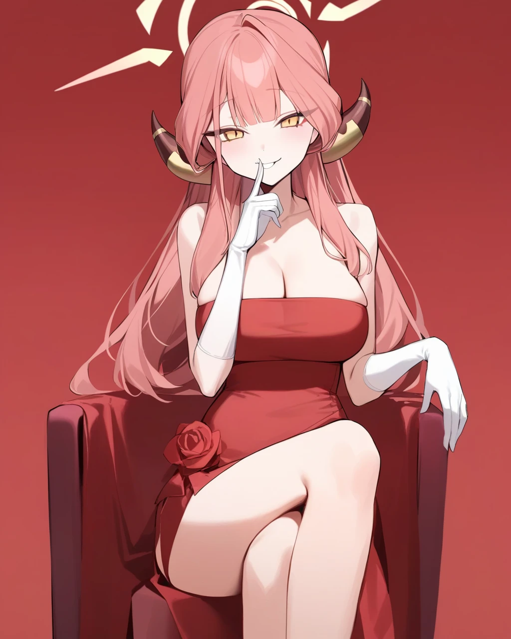 masterpiece,best quality,<lora:aru:1>,1girl, aru_\(blue_archive\), breasts, solo, horns, crossed_legs, halo, pink_hair, long_hair, white_gloves, gloves, dress, cleavage, sitting, looking_at_viewer, red_background, red_dress, large_breasts, smile, orange_eyes, bangs, yellow_eyes, bare_shoulders, alternate_costume, finger_to_mouth, strapless, demon_horns