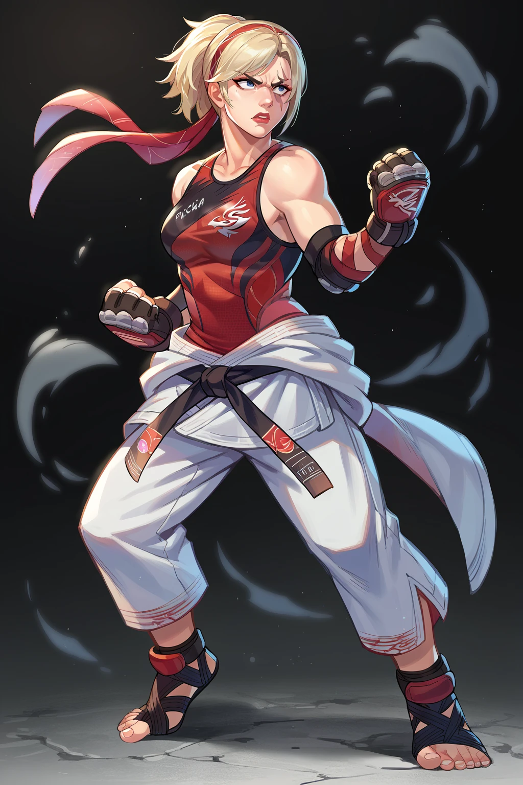 score_9, score_8_up, score_7_up, score_6_up, score_5_up, score_4_up, BREAK source_anime,solo
edgLidia,fingerless gloves,scar across one eye,ponytail,red hairband,black karate belt,clothes around waist,dougi,tank top short hair, bare shoulders, full body, belt, pants, lips, toes, headband, sandals, clenched hands, fighting stance, nose, toeless legwear
 <lora:edgLidiaTekkenPonyv1:1>