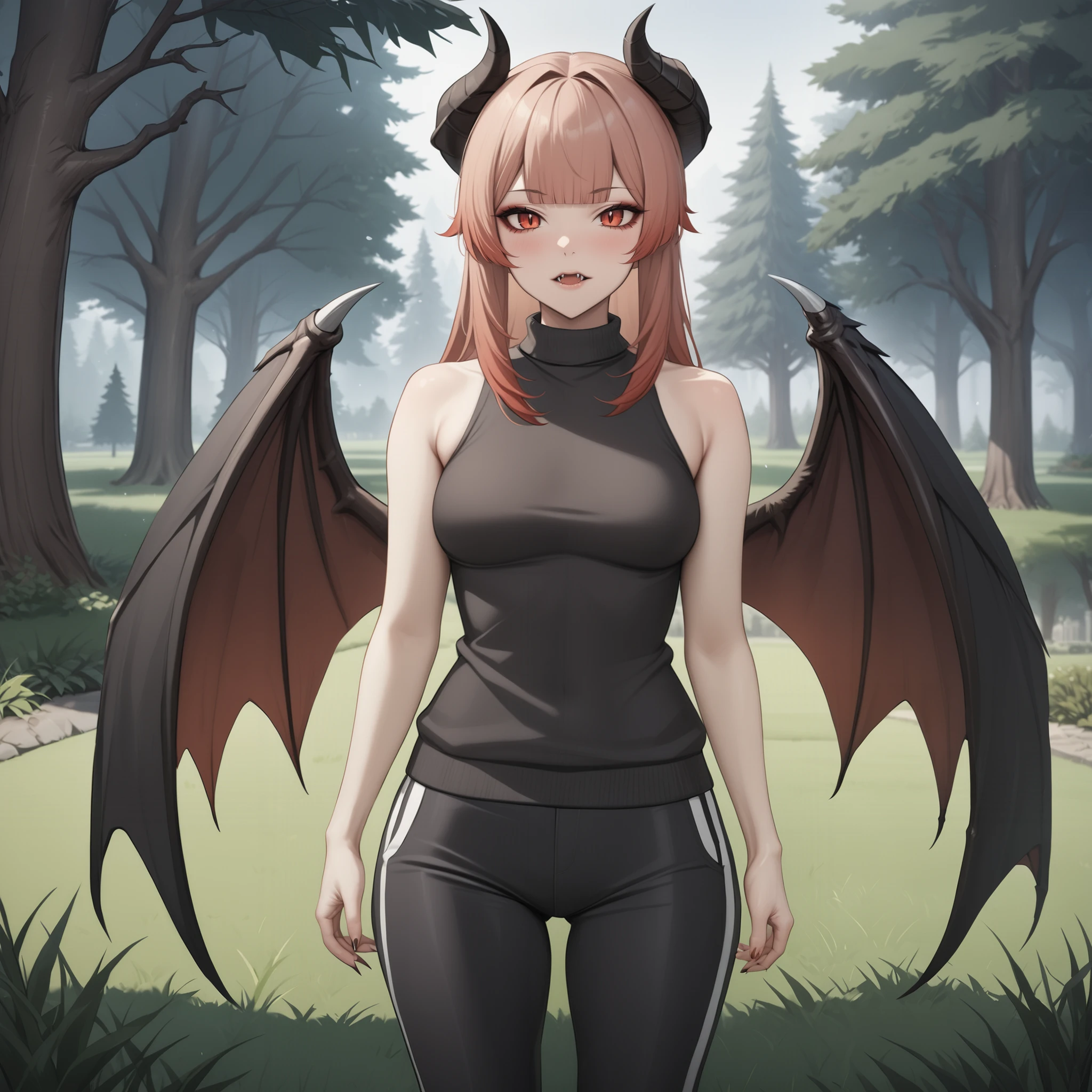 ciara faux, fangs, horns, wings, standing, track pants, sleeveless sweater, cowboy shot, grass, tree, masterpiece, best quality <lora:ciara-animaginexl-4-000010:0.8>