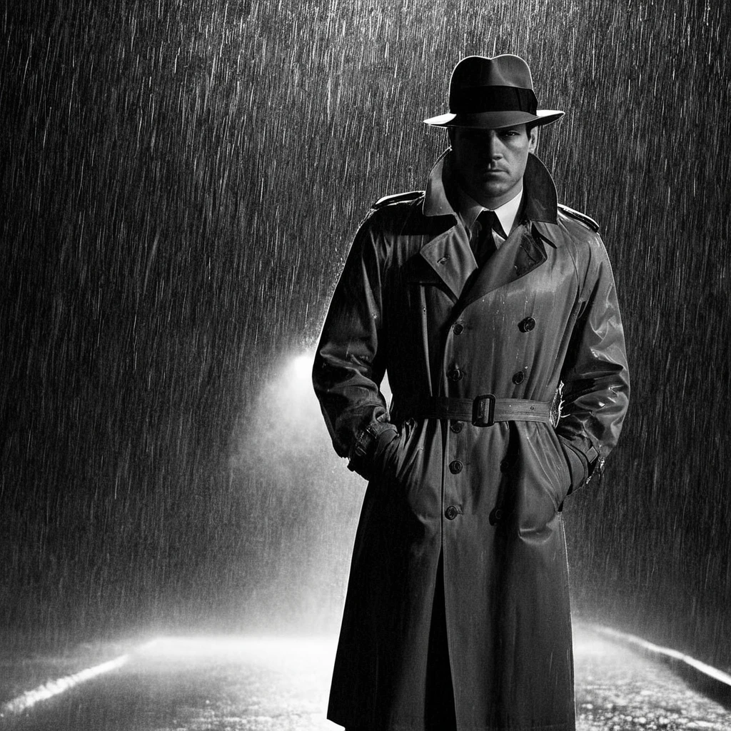Film noir style, classic film noir style of <lora:Classic Film Noir style:1>
<lora:Sin City:0.55>
a man in a trench coat standing in the rain sin city style, Monochrome, high contrast, dramatic shadows, 1940s style, mysterious, cinematic