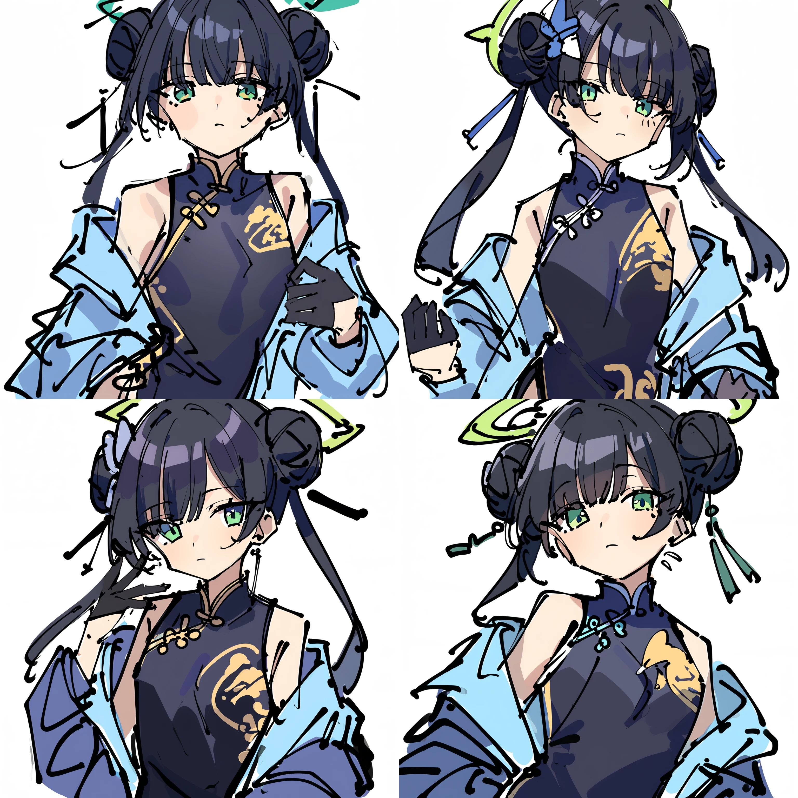 1girl, solo, china dress, (unfinished:1.2), hair bun, gloves, black hair, dress, chinese clothes, white background, black gloves, green eyes, simple background, halo, looking at viewer, black dress, jacket, closed mouth, hair ornament, bangs, sleeveless, sleeveless dress, off shoulder, open clothes, double bun, half gloves, long hair, open jacket, see-through, <lora:roughsketch:0.8>