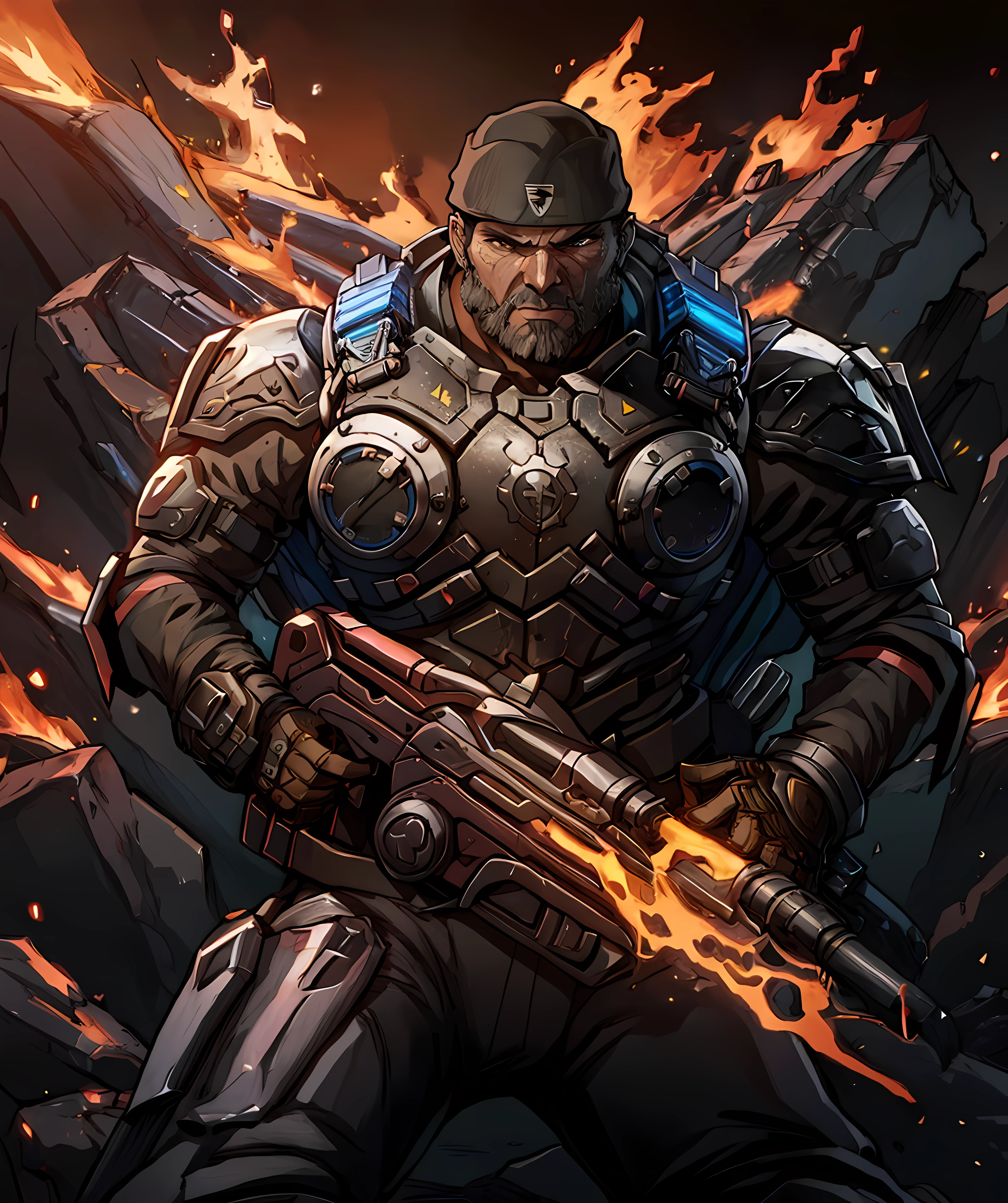 marcus_fenix, (muscular:1.1), fire, mountain, lava, fold, beard, armor, holding a gun, black bandana, long pants, looking at viewer, dramatic <lora:Marcus_Fenix:0.88>