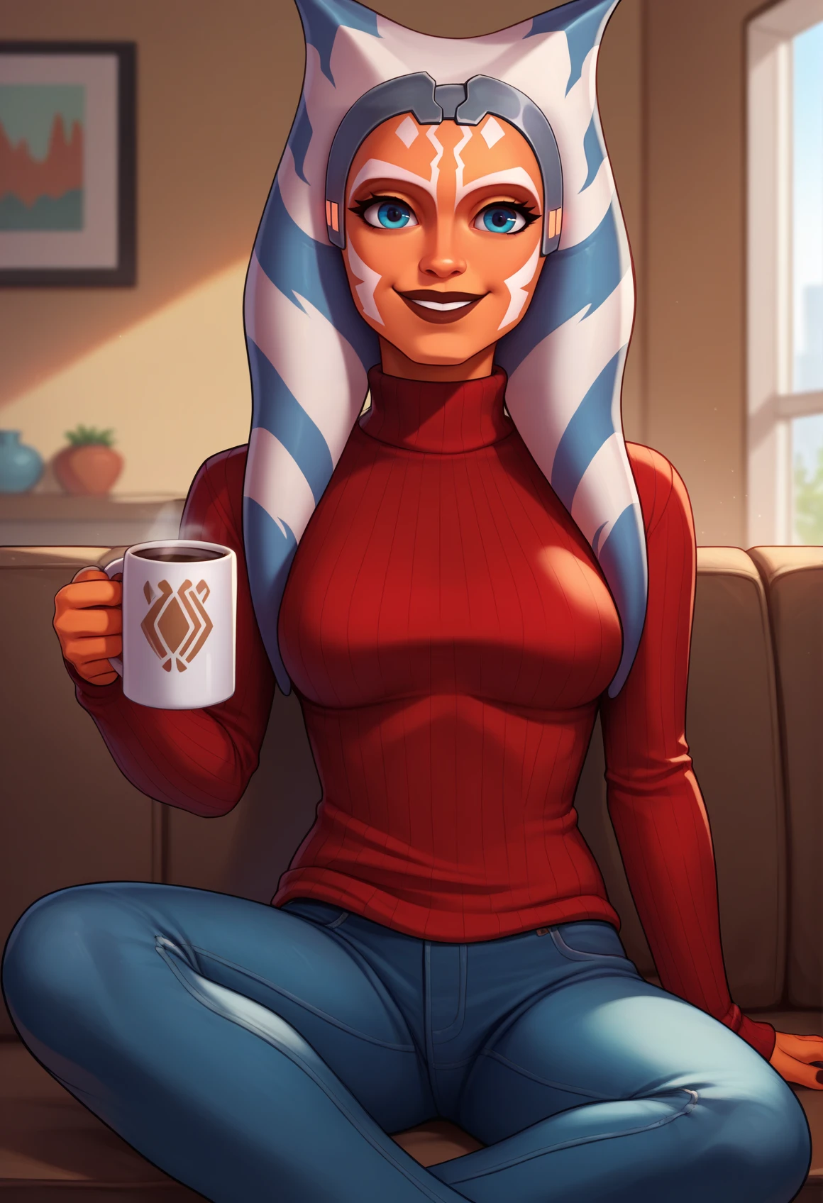 score_9, score_8_up, score_7_up, female, solo, grey headband, ahss7, medium breasts, <lora:AhsokaS7PDXL_V1-Manityro-adamw:0.8>, indoors, living room, couch, looking at viewer, smile, sitting, dark red sweater, turtleneck sweater, ribbed sweater, jeans, holding mug, hot chocolate,