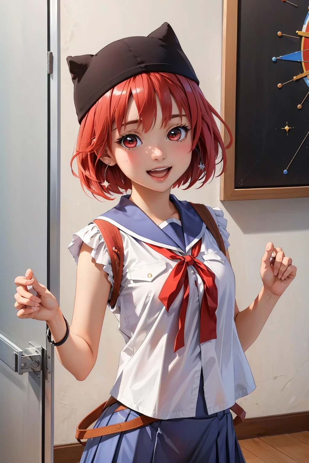 (masterpiece, best quality:1.2), solo, 1girl, yuki_takeya, smile, open mouth, looking at viewer, black hat, bangs, red eyes, short hair, school uniform, blue pleated skirt, <lora:takeyayuki:0.8>