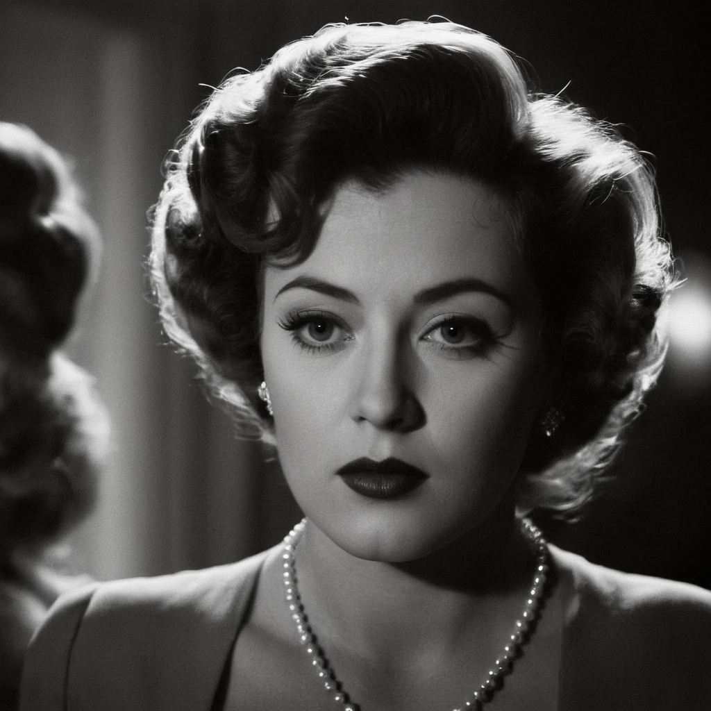 Film noir style, classic film noir style <lora:Classic Film Noir style:1> 
a woman with a very large hairdo and a necklace,cinematic,film,Hollywood,crime,drama,dramatic,dramatic light,low light,dim light,low-key light,shadow,partially covered in shadow,window light,dark light,cynical,1940s,1950s,classic,vintage,retro,visual style,realistic,film still,black film,night light,blue hour,motion picture,filmmaking style,neorealism,classic film noir style,1girl,solo,looking at viewer,1boy,monochrome,greyscale,male focus,lips,portrait, closeup, Monochrome, high contrast, dramatic shadows, 1940s style, mysterious, cinematic