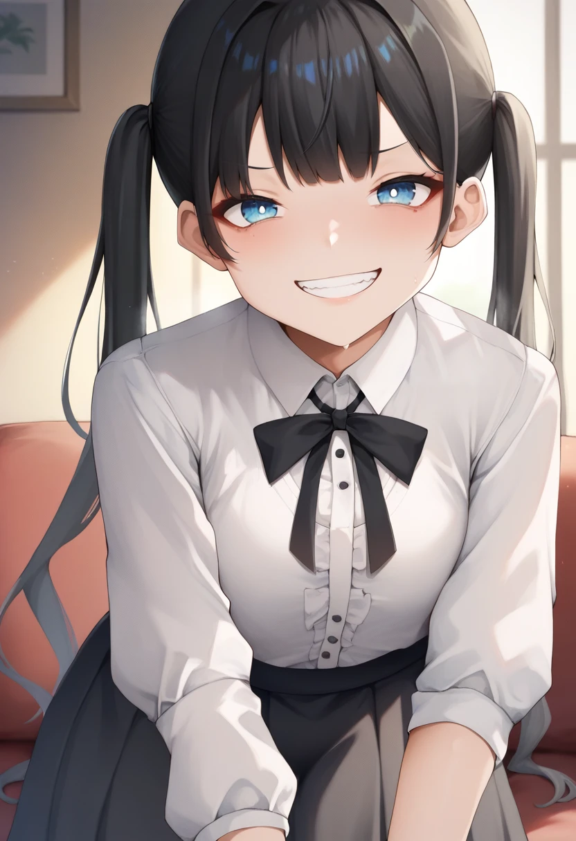 score_9, score_8_up, score_7_up, source_anime, 1girl,blue eyes,twintails, black hair, white blouse, black skirt, grin,looking at viewer, by chomikuplus <lora:Chomikuplus-Style-PonyXL:1>