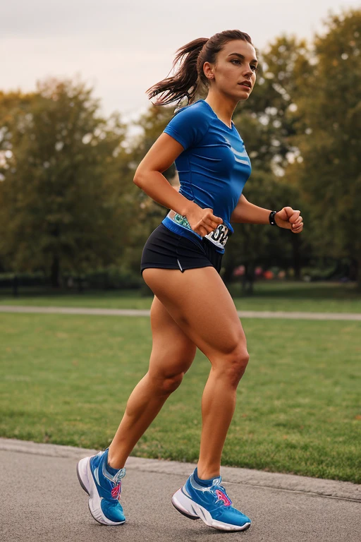 (full body portrait) of a beautiful 25yo woman running in the park. Side shot. Wearing running shorts, a tee-shirt and sneakers. Very detailed, matte skin, pores, 4K, natural, realistic, photograph, photorealistic. <lora:BakharNabievaLegs:0.9>