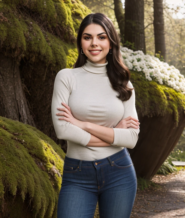 <v3l3nt1n4>, ((nature background)), Ultra-HD-details, nature, upper body, smile, jeans, Turtleneck, Flowers, moss
