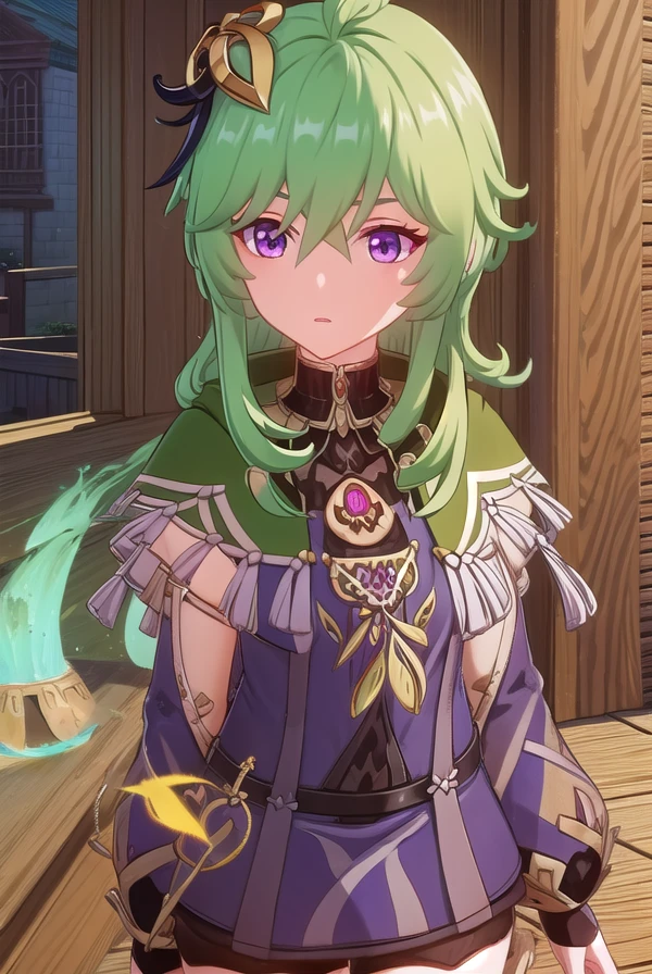 collei, <lora:genshin collei ingame-lora-nochekaiser:1>,
collei, bangs, hair ornament, hair between eyes, (purple eyes:1.1), green hair,
BREAK thighhighs, long sleeves, jewelry, zettai ryouiki, capelet, vision \(genshin impact\),
BREAK outdoors,
BREAK looking at viewer, (cowboy shot:1.5),
BREAK <lyco:GoodHands-beta2:1>, (masterpiece:1.2), best quality, high resolution, unity 8k wallpaper, (illustration:0.8), (beautiful detailed eyes:1.6), extremely detailed face, perfect lighting, extremely detailed CG, (perfect hands, perfect anatomy),