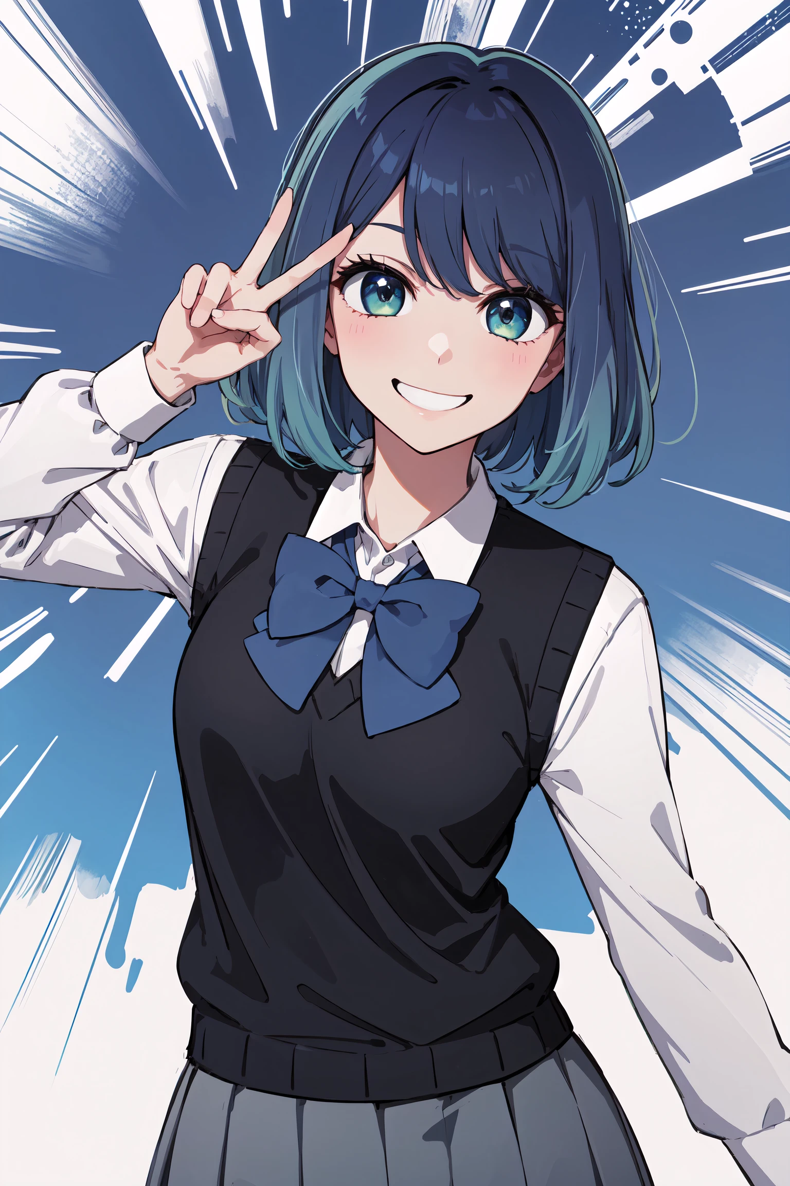 masterpiece, best quality, cowboy shot, looking at viewer, grin, akane kurokawa, gradient hair, short hair, school uniform, black sweater vest, collared shirt, long sleeves, blue bowtie, grey skirt, peace sign, abstract background, <lora:akane_kurokawa_v1>