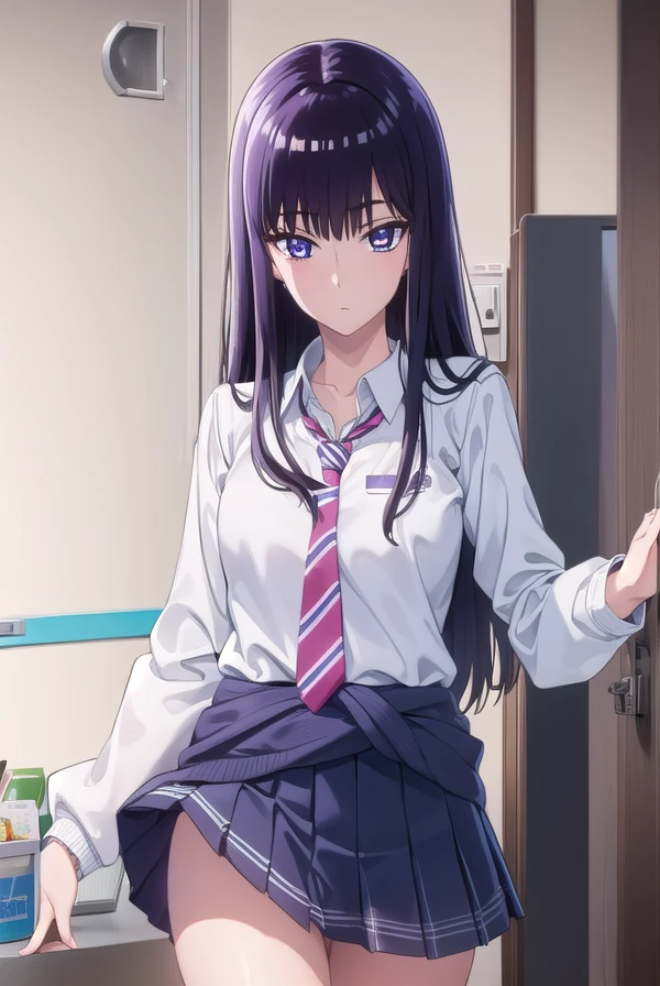 akiratachibana, <lora:akira tachibana s1-lora-nochekaiser:1>,
akira tachibana, long hair, black hair, (purple eyes:1.1),
BREAK skirt, shirt, school uniform, white shirt, pleated skirt, necktie, shoes, socks, striped, miniskirt, sweater, blue skirt, kneehighs, cardigan, black socks, loafers, sleeves rolled up, clothes around waist, striped necktie, jacket around waist, sweater around waist,
BREAK indoors, classroom,
BREAK looking at viewer, (cowboy shot:1.5),
BREAK <lyco:GoodHands-beta2:1>, (masterpiece:1.2), best quality, high resolution, unity 8k wallpaper, (illustration:0.8), (beautiful detailed eyes:1.6), extremely detailed face, perfect lighting, extremely detailed CG, (perfect hands, perfect anatomy),