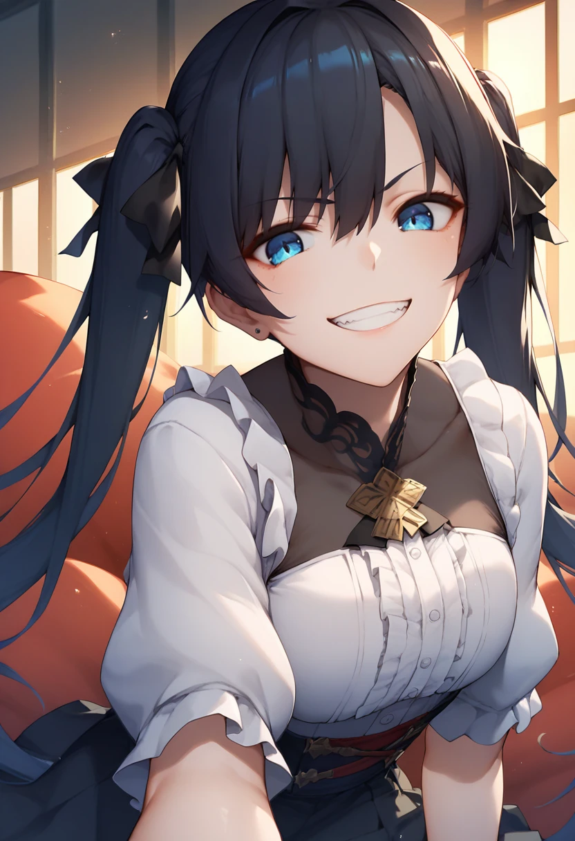 score_9, score_8_up, score_7_up, source_anime, 1girl,blue eyes,twintails, black hair, white blouse, black skirt, grin,looking at viewer, by xfate <lora:xFate-Style-PonyXL:1>