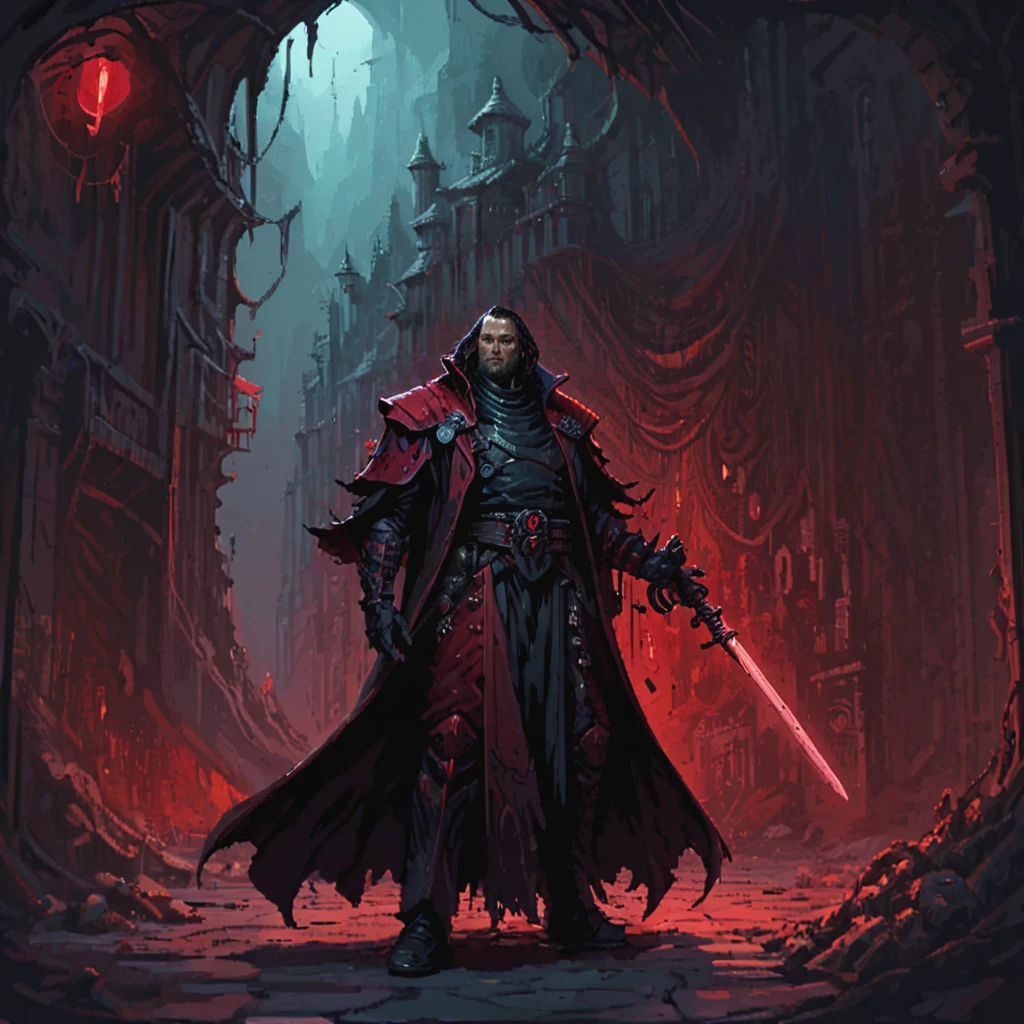 a nqstrman man in a black and red outfit holding a sword stands in the shadowy underbelly of a hive city, his long coat billowing as he examines xenos artifacts hidden in a dimly lit alley. The grimy walls are covered in graffiti venerating forbidden gods, and his gaze is stern, his hand resting on the hilt of a power sword, ready to dispense the Emperor's justice, apxlz