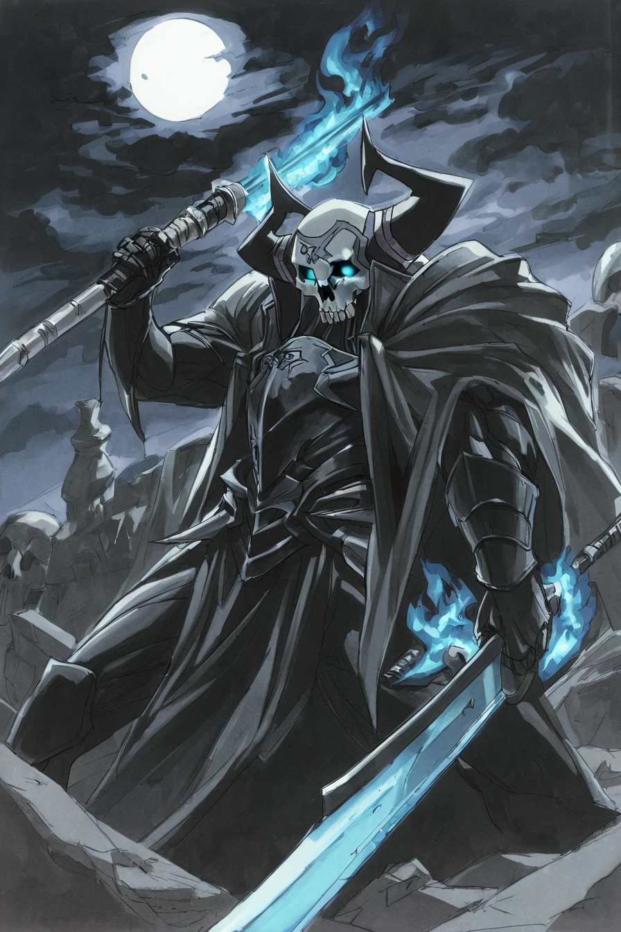  best quality,，Guilty Gear style, king hassan (fate), 1boy, horns, glowing eyes, male focus, moon, glowing, armor, blue fire, fire, weapon, sword, full moon, skull, solo, skull mask, night, blue eyes, mask, sky, cloak, looking at viewer, holding, black cloak, spikes, night sky, holding sword, holding weapon