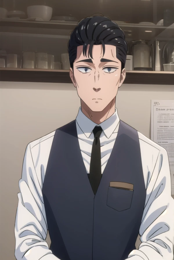 masamikondou, <lora:masami kondou s1-lora-nochekaiser:1>,
masami kondou, short hair, black hair, male focus, (black eyes:1.5), mature male,
BREAK shirt, long sleeves, white shirt, necktie, collared shirt, pants, vest, black pants, black necktie, black vest,
BREAK indoors, restaurant,
BREAK looking at viewer, (cowboy shot:1.5),
BREAK <lyco:GoodHands-beta2:1>, (masterpiece:1.2), best quality, high resolution, unity 8k wallpaper, (illustration:0.8), (beautiful detailed eyes:1.6), extremely detailed face, perfect lighting, extremely detailed CG, (perfect hands, perfect anatomy),