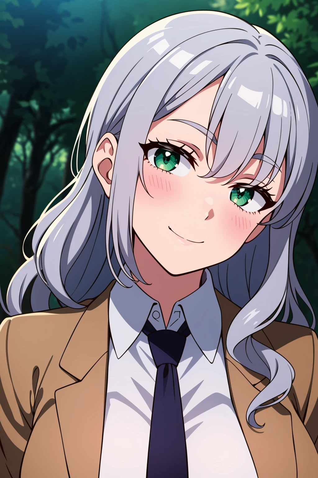 1girl, solo, gyaru, 
long hair, wavy hair, silver hair, green eyes, large breasts, white shirt, collared shirt, necktie, seductive smile, head tilt, suit jacket, 
forest, night, portrait, 
masterpiece, best quality,