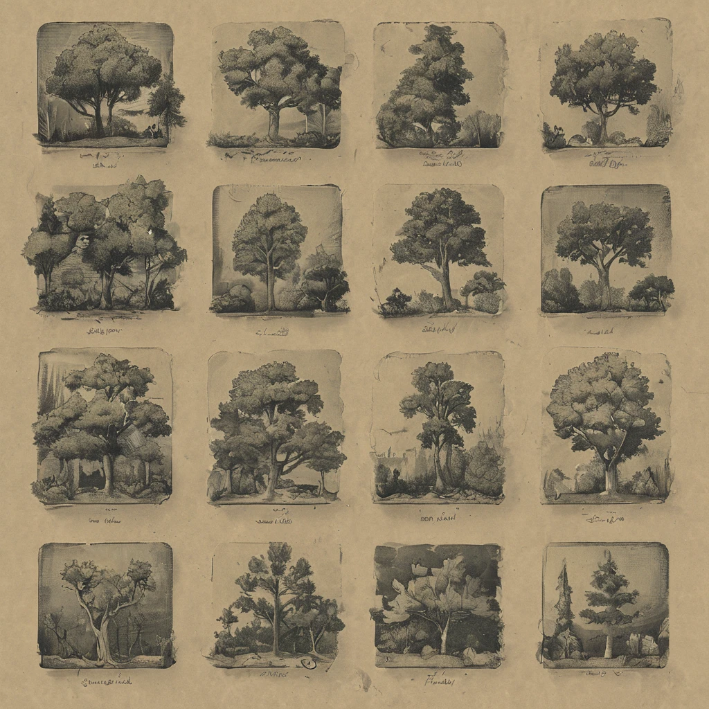 <lora:artfullyDOWNTOWN.IC_SDXL_V1 (1):1>,icon collection of trees,