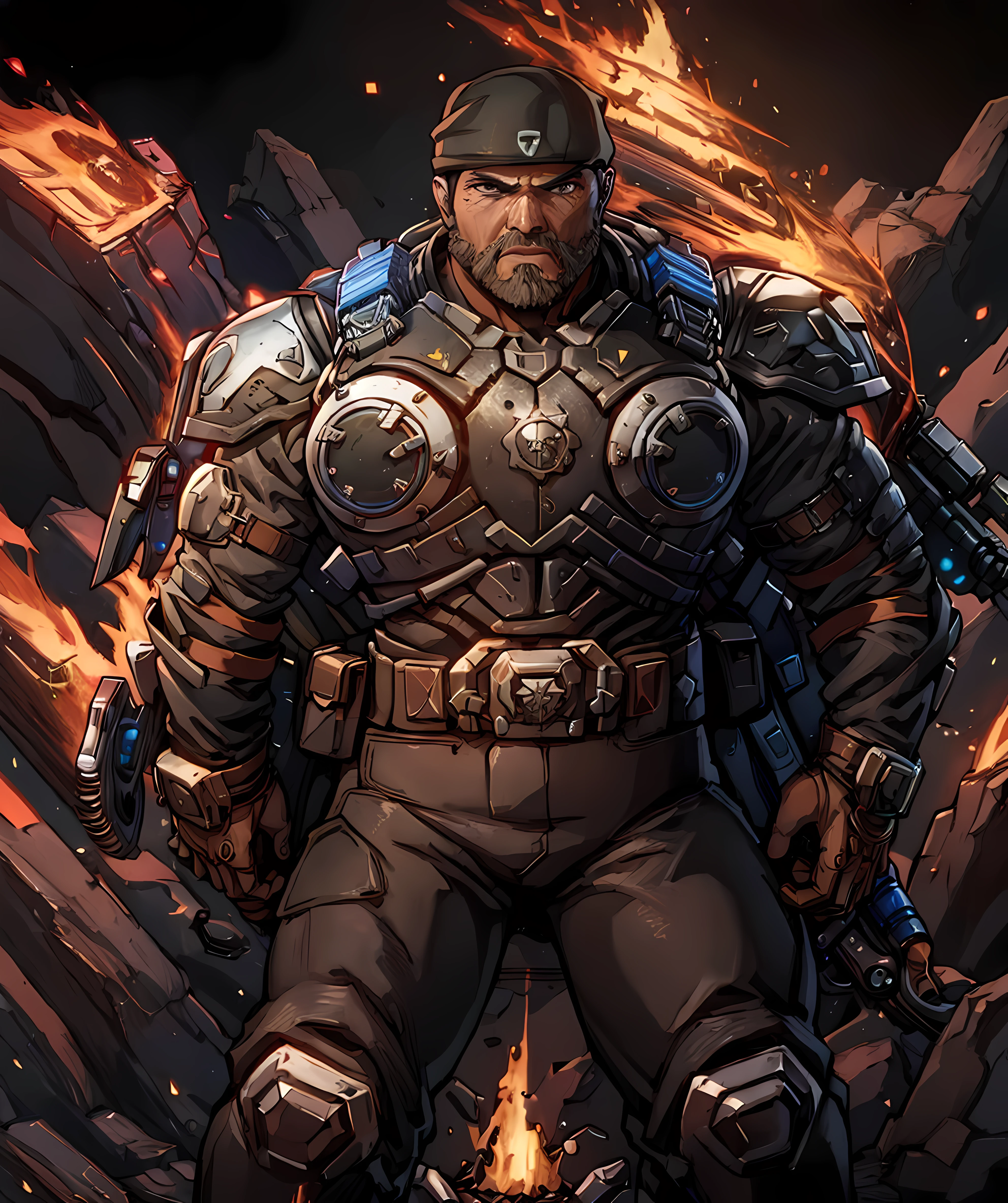 marcus_fenix, (muscular:1.1), fire, mountain, lava, fold, beard, armor, holding a gun, black bandana, long pants, looking at viewer, dramatic <lora:Marcus_Fenix:0.88>