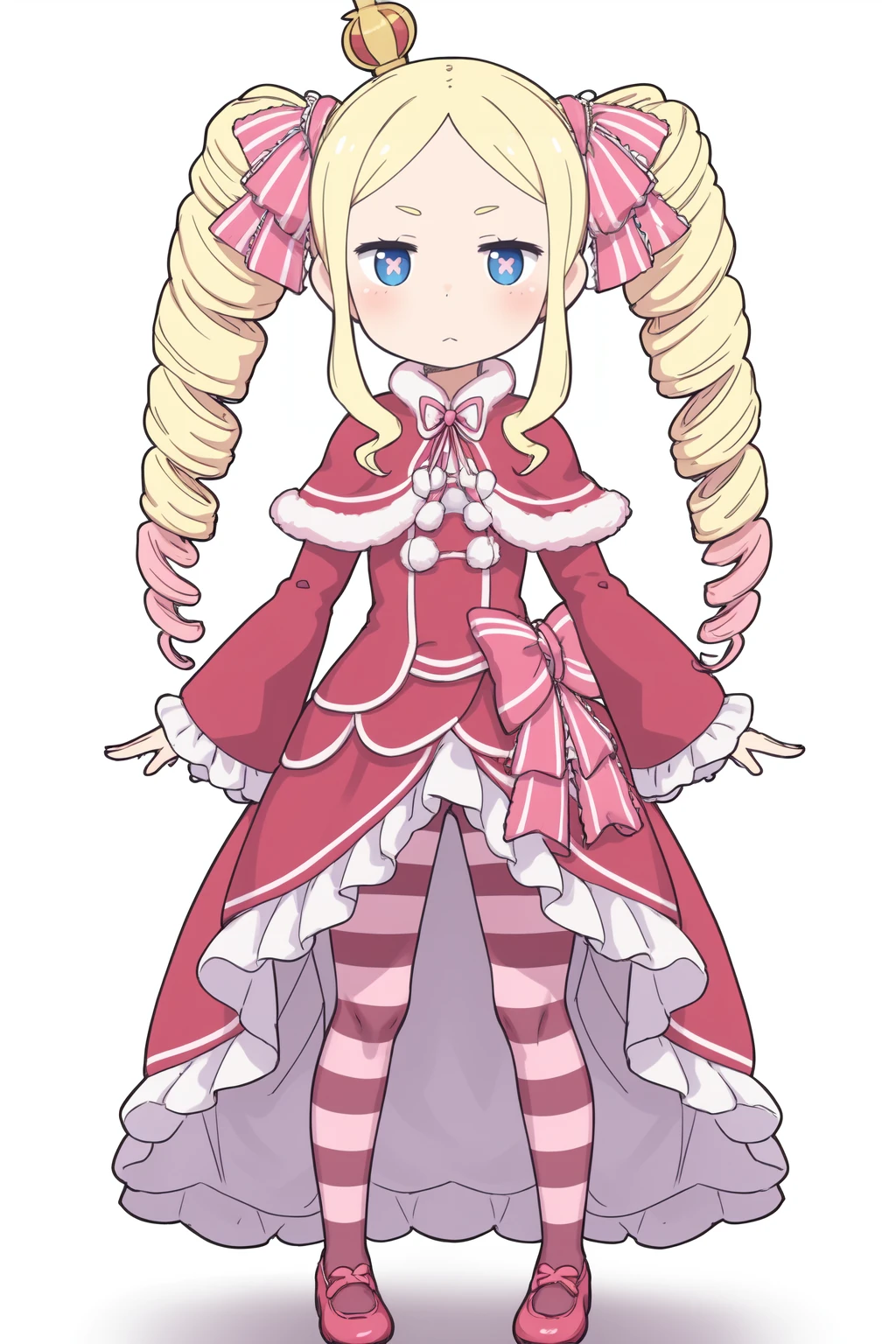 Betty
<lora:Betty(test)V1:0.7>
Betty,
1girl,solo,long hair,looking at viewer,blush,blue eyes,blonde hair,simple background,long sleeves,white background,dress,bow,ribbon,twintails,closed mouth,standing,full body,hair ribbon,pink hair,pantyhose,sidelocks,multicolored hair,frills,shoes,striped,wide sleeves,symbol-shaped pupils,fur trim,gradient hair,capelet,drill hair,red dress,frilled dress,crown,pink bow,frilled sleeves,twin drills,pink ribbon,jitome,mini crown,red capelet,fur-trimmed capelet,striped pantyhose