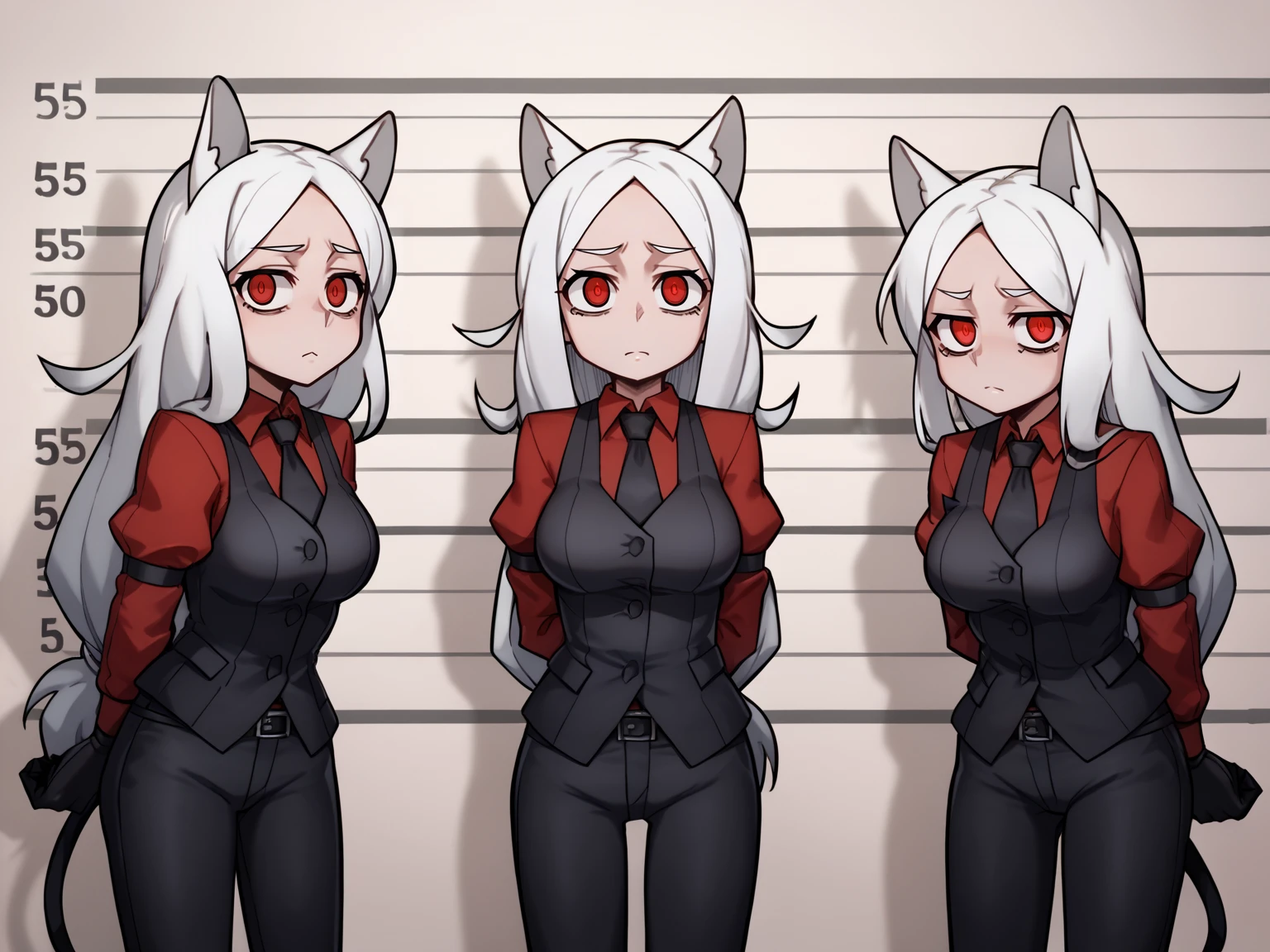 score_9, score_8_up, score_7_up, score_6_up, score_5_up, score_4_up, BREAK, source_cartoon, source_anime, 3girls, cerberus \(helltaker\), white hair, long hair, red eyes, dog ears, red shirt, arm garter, black gloves, black necktie, black pants, black vest,  mugshot, sad, looking at viewer, standing, arms behind back    <lora:CerberusXL:1>