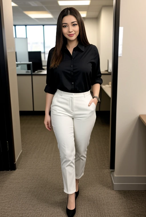 full body shot of business photo of xo_lexxa, pants, black attire, big breasts, collared shirt, tucked shirt, <lora:xo_lexxa:1>. Professional attire, workplace setting, confident. Whole outfit, clear, sharp, balanced