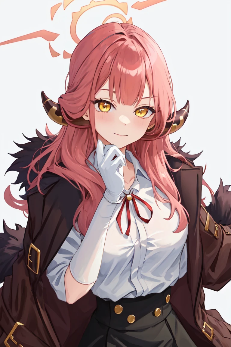 quality, masterpiece, highres, <lora:arusd15:1>ï¼1girl,aru_\(blue_archive\),solo,horns,white_gloves,halo,long_hair,fur_trim,shirt,white_shirt,black_skirt,neck_ribbon,collared_shirt,yellow_eyes,high-waist_skirt,fur-trimmed_coat,jacket,pink_hair,jacket_on_shoulders,fur-trimmed_jacket,