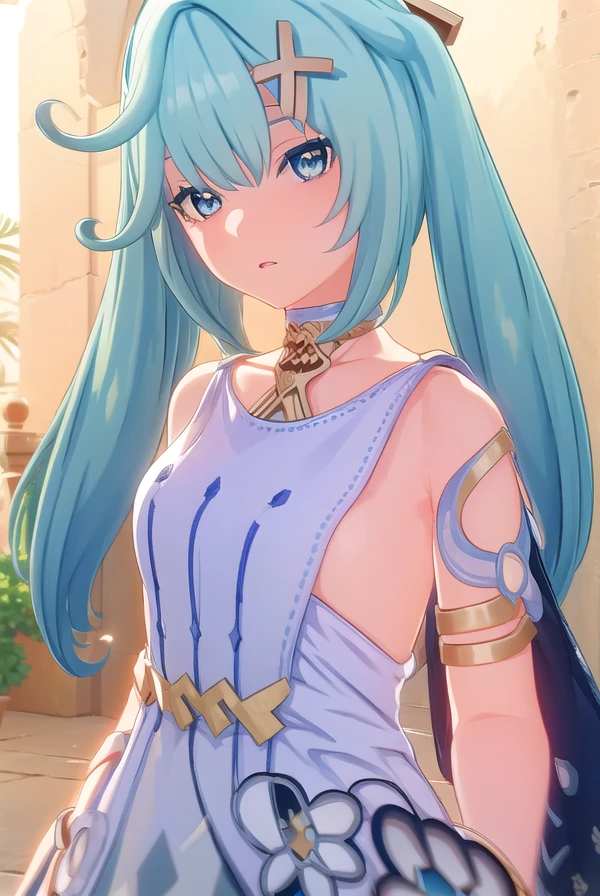 faruzan, <lora:genshin faruzan ingame-lora-nochekaiser:1>,
faruzan, long hair, bangs, hair ornament, twintails, blue hair, ahoge, aqua hair, x hair ornament, cowlick,
BREAK dress, jewelry, white dress, bracelet, shoulder cutout,
BREAK outdoors,
BREAK looking at viewer, (cowboy shot:1.5),
BREAK <lyco:GoodHands-beta2:1>, (masterpiece:1.2), best quality, high resolution, unity 8k wallpaper, (illustration:0.8), (beautiful detailed eyes:1.6), extremely detailed face, perfect lighting, extremely detailed CG, (perfect hands, perfect anatomy),