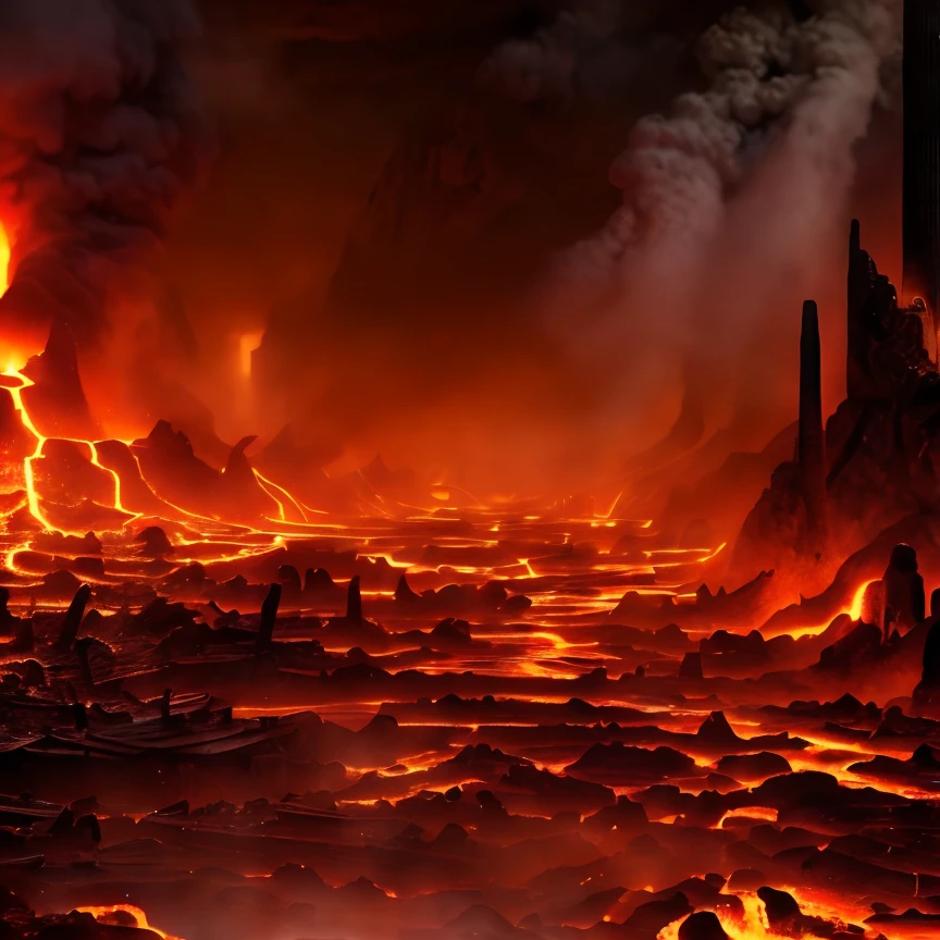 (masterpiece:1.2), (best quality,:1.2), 8k, HDR, ultra detailed, ((photorealistic)), professional light, cinematic lighting, fashion photography, ambient lighting, atmospheric effects, a river of lava through a (burning city), bones lying everywhere, <lora:RealmsOfFire-10:1>, epiCPhoto
