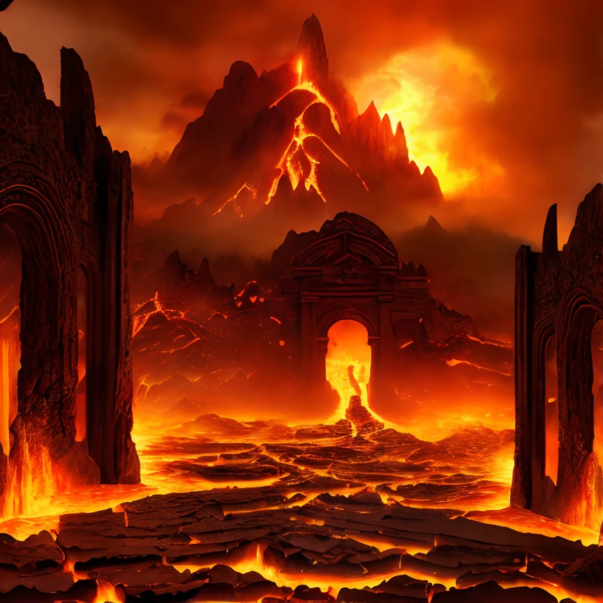 (masterpiece:1.2), (best quality,:1.2), 8k, HDR, ultra detailed, ((photorealistic)), professional light, cinematic lighting, fashion photography, ambient lighting, atmospheric effects, lava, mountains, castle, gates of hell, <lora:RealmsOfFire-10:1>, epiCPhoto