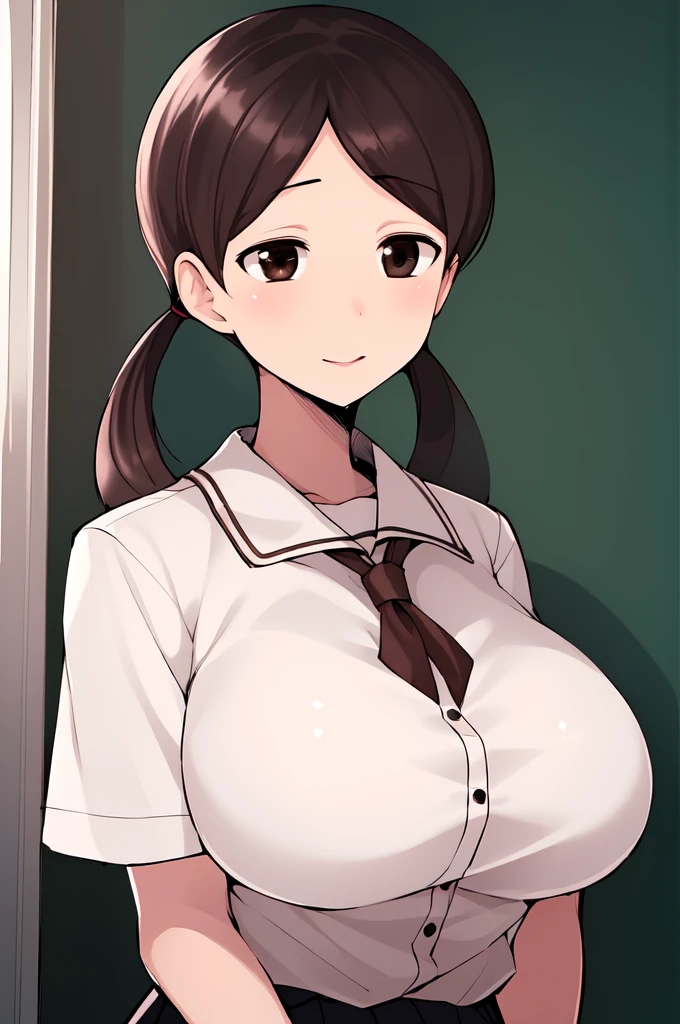 A tall sexy attractive MILF woman with big breasts, long brown hair, her brown eye, wears a white button-down shirt and her black school skirt, sensually wearing black shoes.
