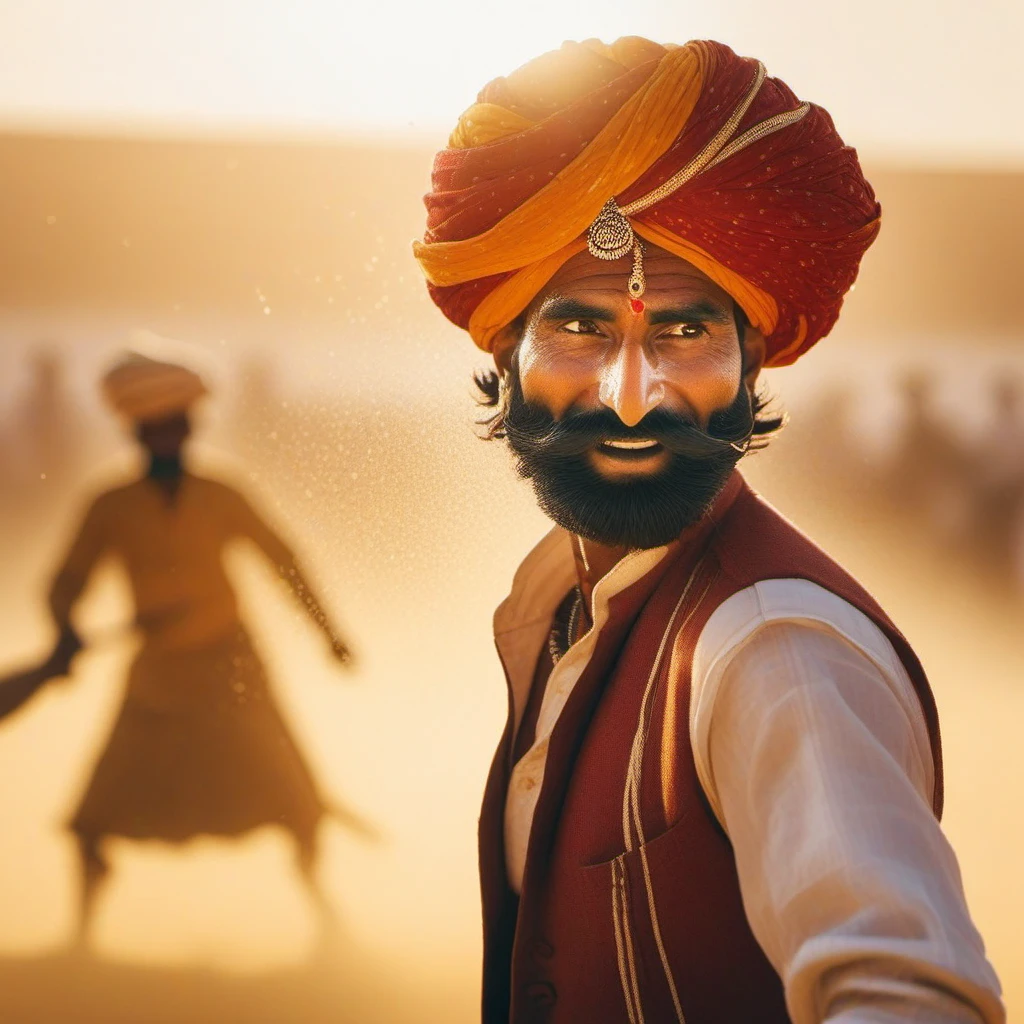 A sun-drenched image of a Rajasthani man in traditional attire, sweat dripping from his face, determinedly playing a game of kabaddi, his turban slightly askew