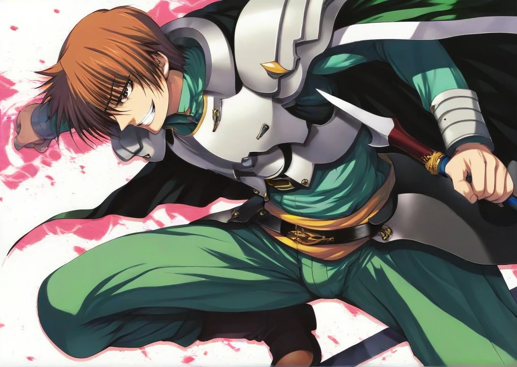 <lora:rance_XL_pony_v1:1>1boy,rance,armor,pants, smile,green clothes,fighting stance,, score_9, score_8_up, score_7_up, BREAK source_anime, rating_explicit, best quality, masterpiece, uncensored,<lora:sdxl2-flat2-512b:-0.5> michiking, misakura nankotsu, tomose shunsaku, atdan, onigirikun,shiokonbu,halcon, hellandheaven