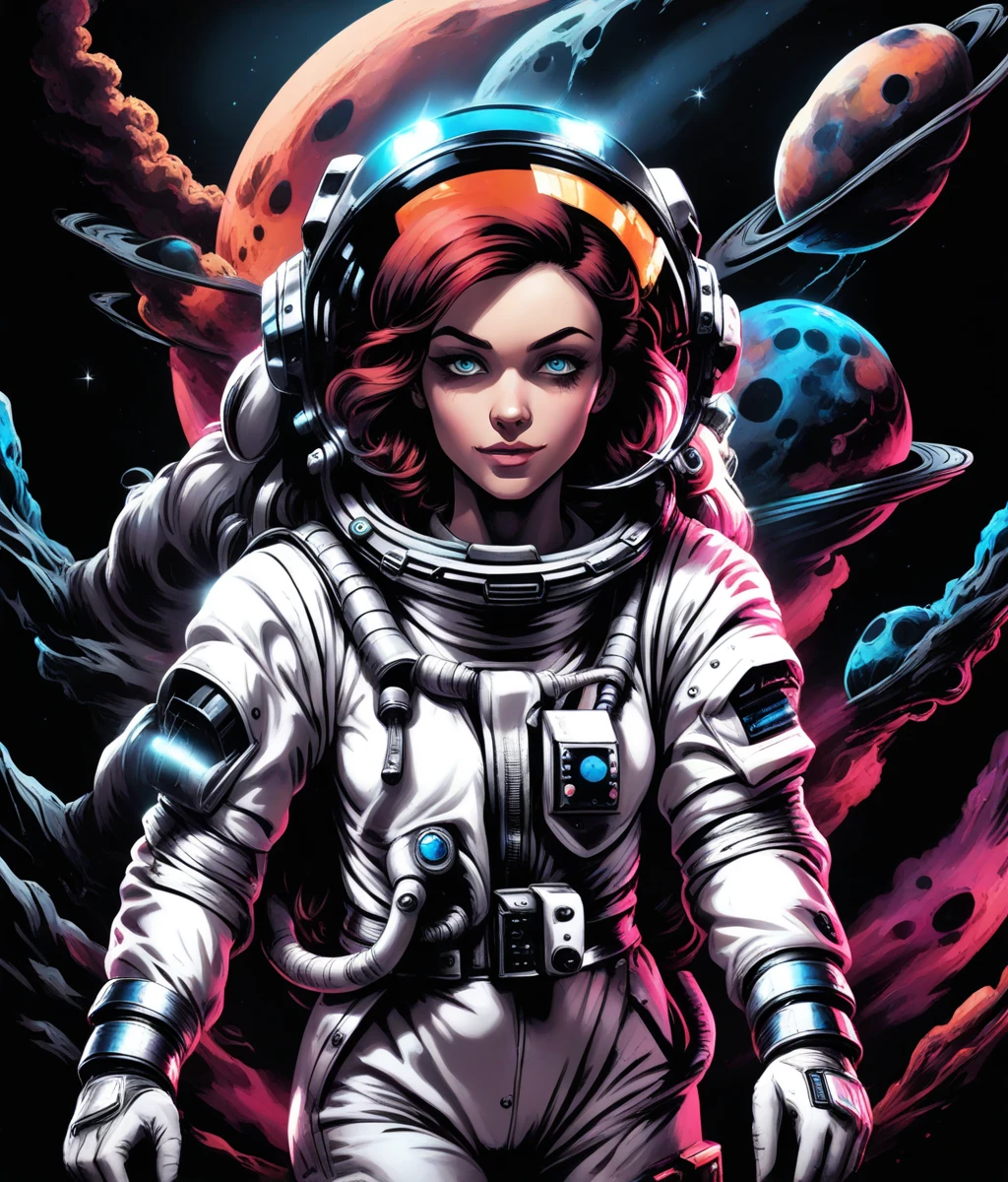 DFxnk style design of a beautiful woman wearing a spacesuit on a black background