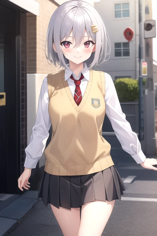 ((masterpiece)),(best quality),official art,extremely detailed CG,unity 8k wallpaper,ultra detailed,beautiful detailed eyes,extremely detailed face,street,1girl,solo,cowboy shot,looking at viewer,facing viewer,smile,yukihira furano,alpaca hair ornament,short hair,silver hair,hair between eyes,red eyes,blush,sweater vest,yellow sweater,collared shirt,white shirt,red necktie,long sleeves,medium breasts,grey skirt,pleated skirt,miniskirt,black socks,loafers,<lora:Yukihira Furano(noucome)>,