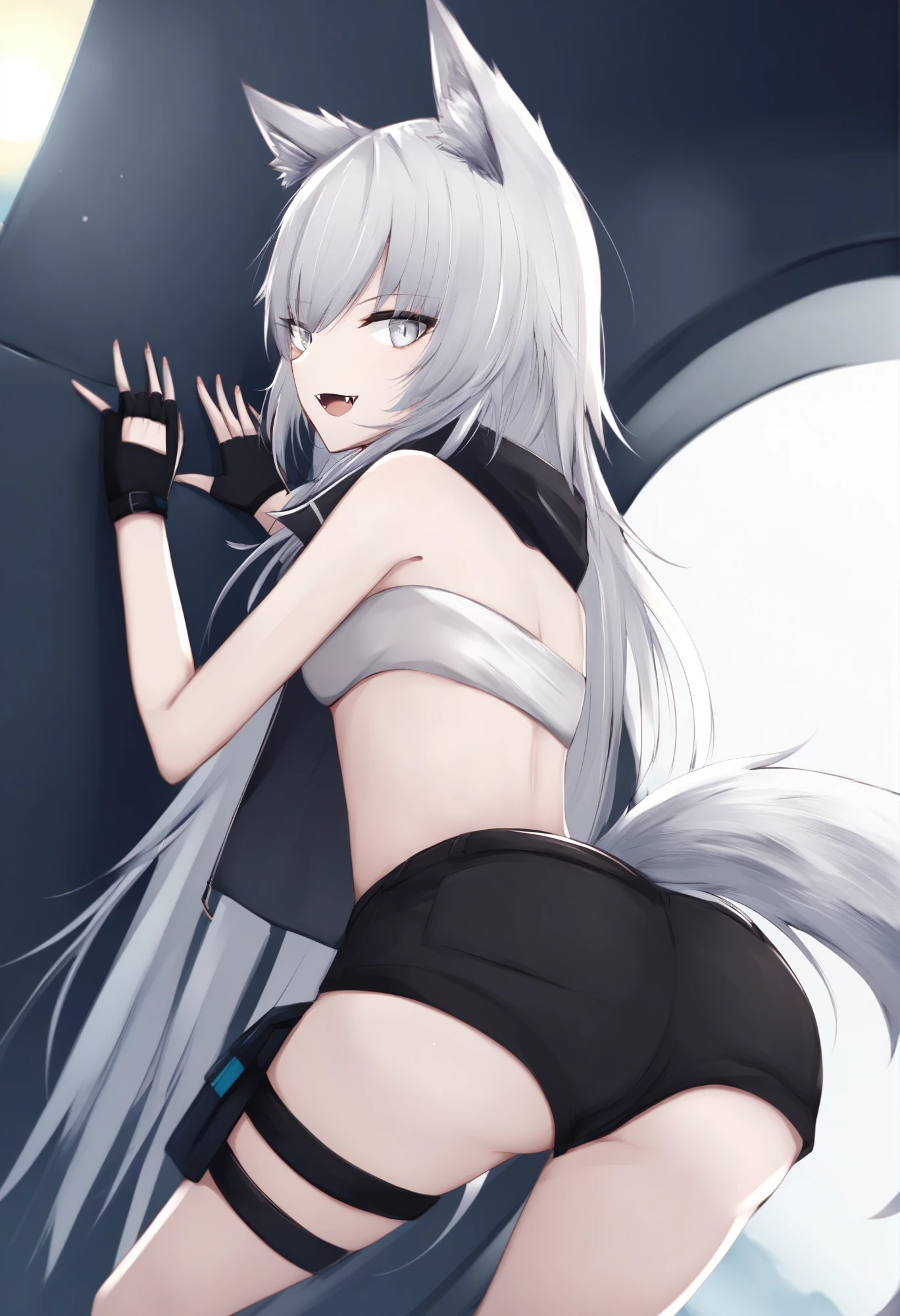 by nekoya \(liu\) , by nagishiro mito , best quality, score_9, BREAK
1girl, lappland \(arknights\), silver hair, wolf ears, bandeau, black jacket, black shorts, fangs, fingerless gloves, silver eyes, long hair, open clothes, from behind, bent over, looking at viewer, :3, ass,
outdoors
<lora:4th_tail_lora_extract_s:1>