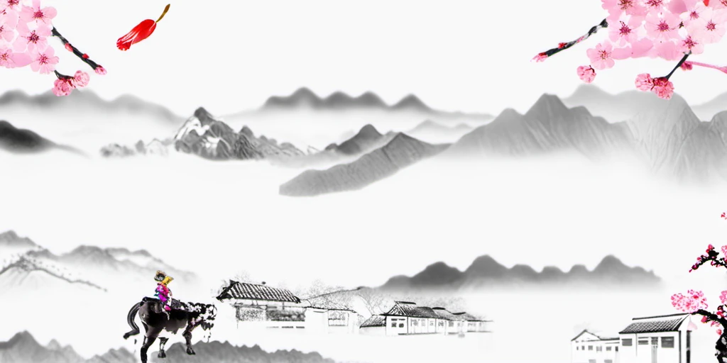 Sweeping Day Photography, a black and white illustration of a mountain range with a pink cherry blossom branch above it, and a small village with a person riding a horse below the mountains, best quality, high quality, masterpiece, 8K UHD, highly detailed, ultra detailed <lora:sweeping-day_lora_r64_sdxl:1.0>