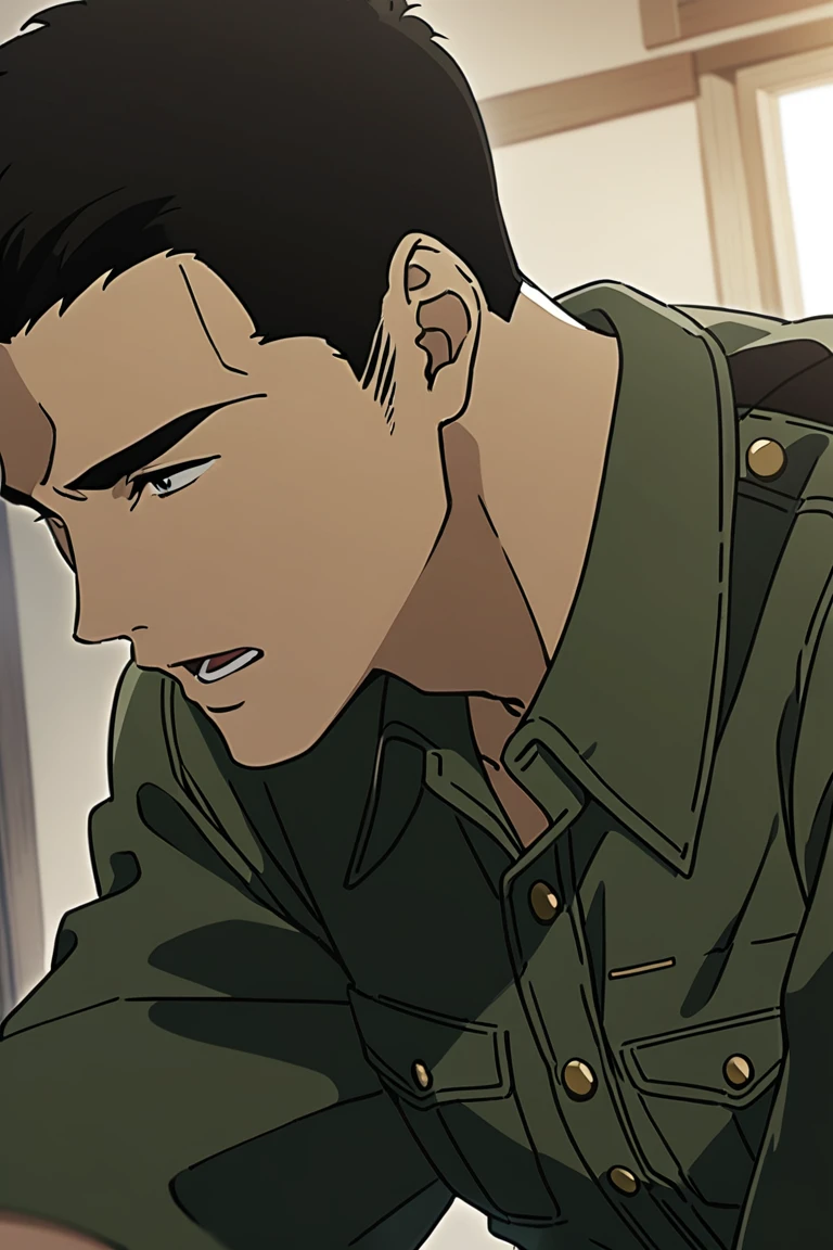 1boy,solo,isami_ao,upper_body,JSDF,green_suit,best_quality,(anime_screencap:0.7),<lora:isami_XL_v1:1>,