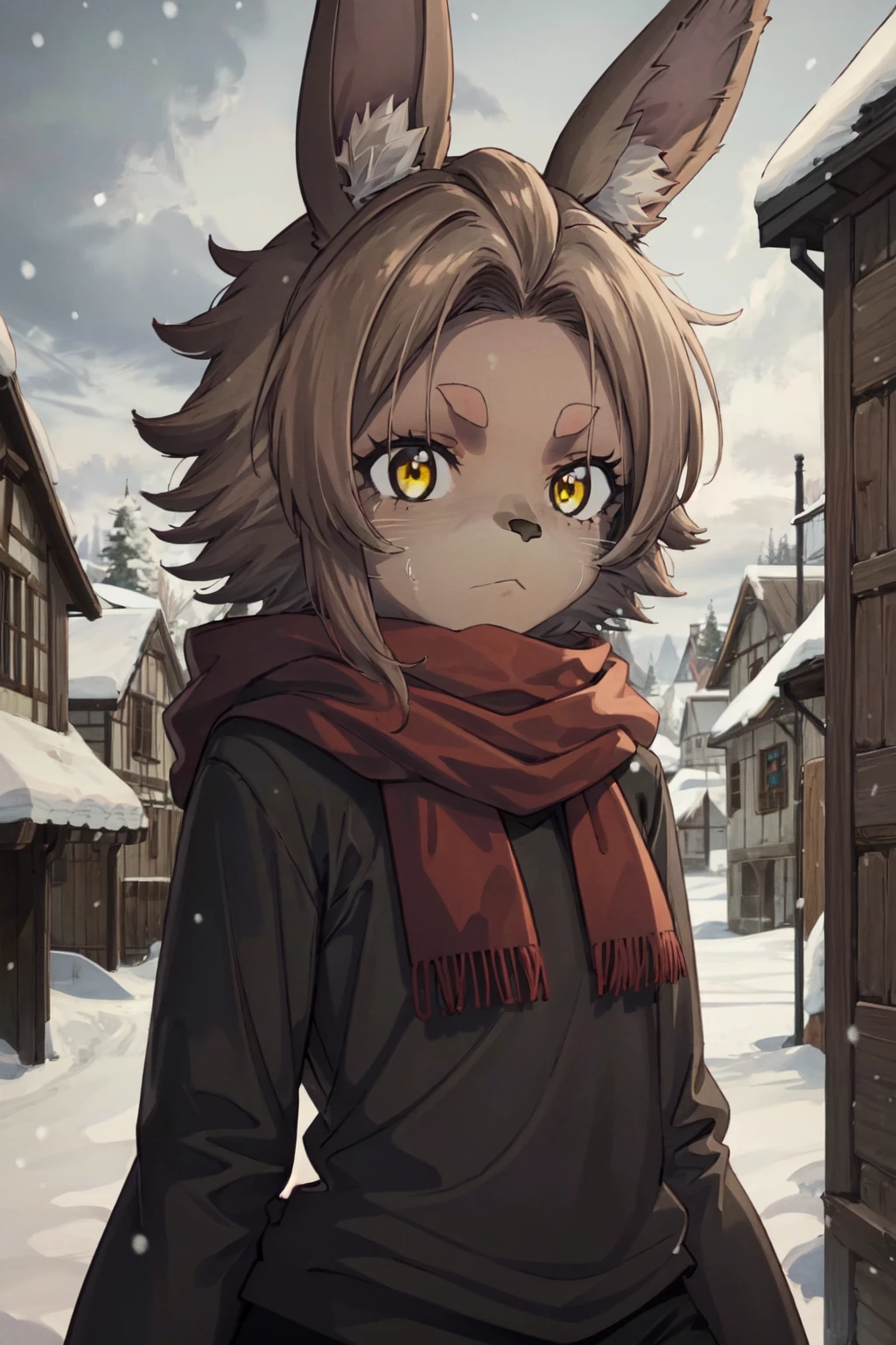 Bilac, 1girl, furry, rabbit girl, animal nose, rabbit ears, brown fur, body fur, short hair, yellow eyes, brown hair, black sweater, red scarf, black pants, outdoors, snow, snowing, city, medieval, stone houses, day, clouds, upper body, expressionless <lora:Bilac:1>