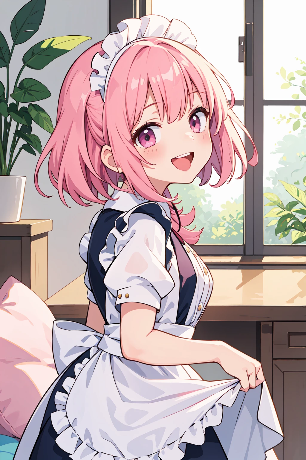 (masterpiece:1.2, best quality), 1girl, maid, pink hair, smile, happy, laughing, open mouth, looking at viewer, from side,