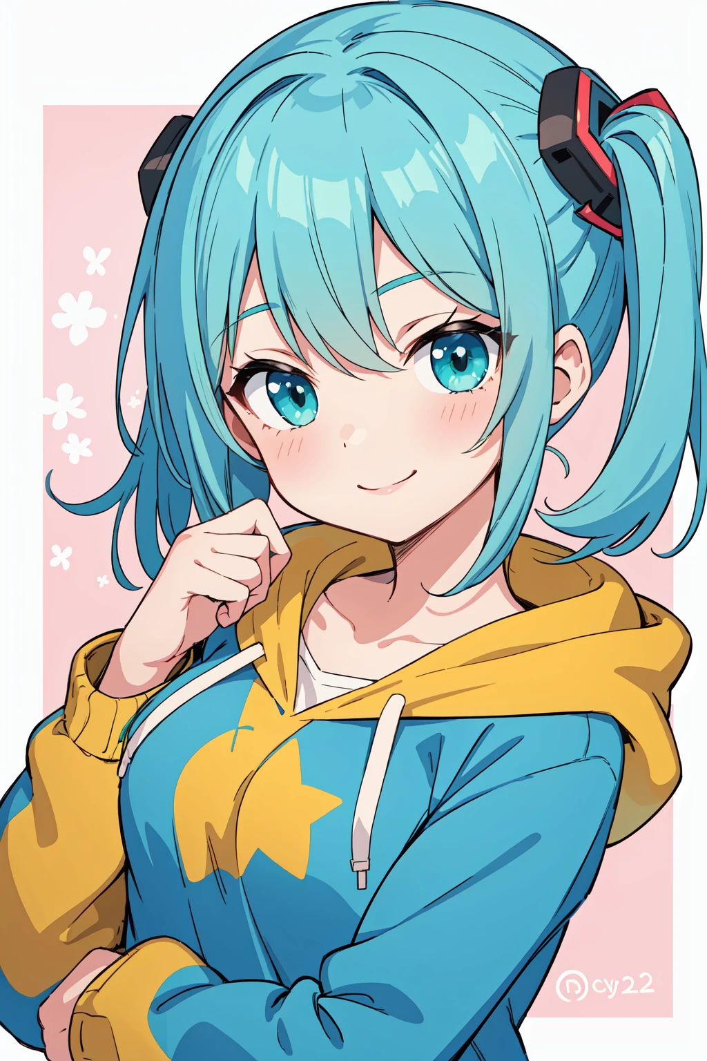 (masterpiece:1.2, best quality), 1girl, aqua hair, smile, hoodie,