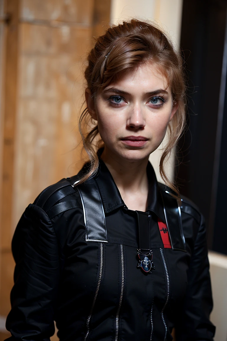 best quality,masterpiece,(Black Widow uniform:1.4) ,young teen face,Rose hair accessories, earrings, eyeshadow,redlip,ponytail,open mouth,upper body,indoors ,(imogen poots), <lora:Imogen Poots V1:1>,looking at viewer,