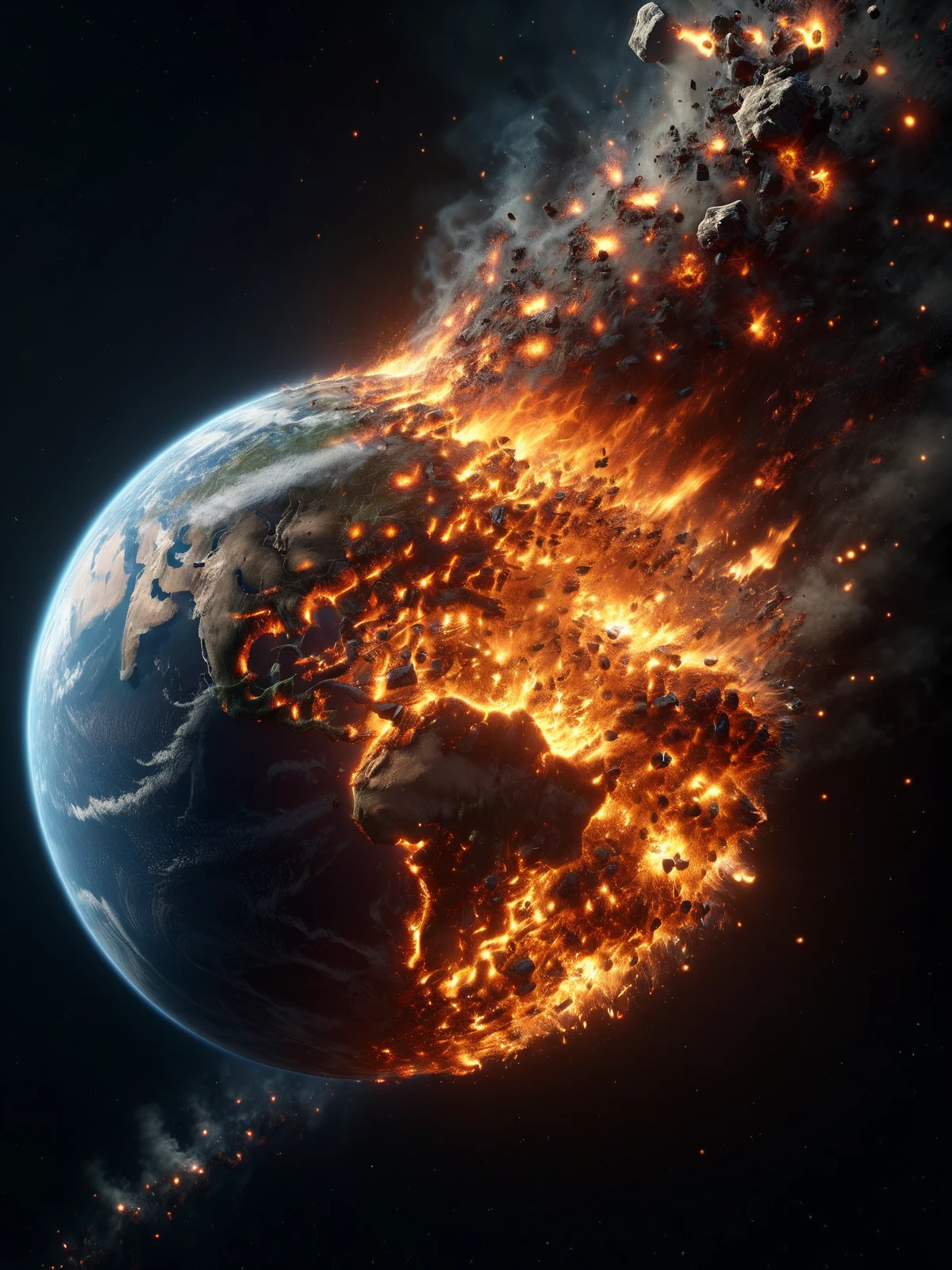 mad-embr earth burning and breaking in to debris,  flame trail,  space <lora:Embers_Style_SDXL:0.8>, (masterpiece:1.2), best quality, (hyperdetailed, highest detailed:1.2), high resolution textures