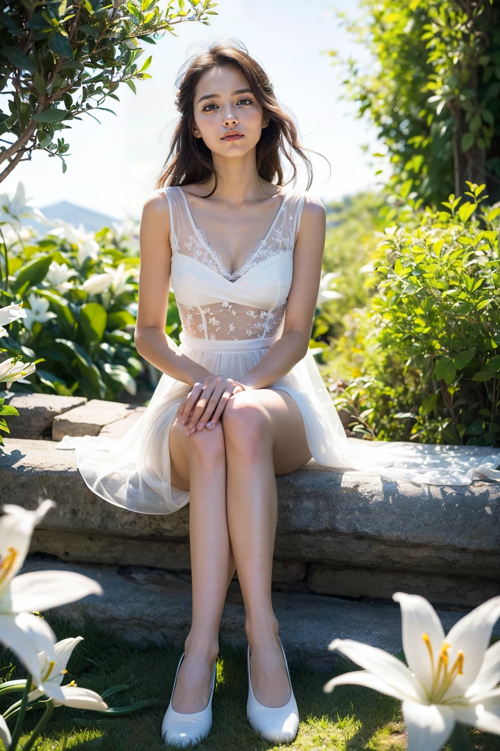 masterpiece,best quality,extremely detailed CG unity 8k wallpaper, highres, absurdres,(pure:1.3), (serene:1.1), (ethereal:1.1), 1girl, (white attire:1.3), (long flowing hair:1.2), (blue eyes:1.1), (gentle smile), (graceful), (sitting pose:1.2), (delicate hands), (gossamer dress:1.1), (luminous), (soft lighting:1.3), (tranquil setting), (garden background:1.2), (flower petals), (white lilies:1.2), (peaceful), (subtle glow), (radiant beauty), (youthful), (enchanting:1.3), (dreamlike), (whimsical), (calm), (harmony), (gentle breeze:1.1), (soft shadows), (sunlight streaming:1.2), (glistening), (timeless elegance), (heavenly), (floating hair), (effortless grace), (spiritual), (otherworldly:1.2), (celestial), (divine), (captivating), (alluring), (reverent), (humble), (compassionate), (painterly), (mesmerizing), (inspiring), (flatshoes)