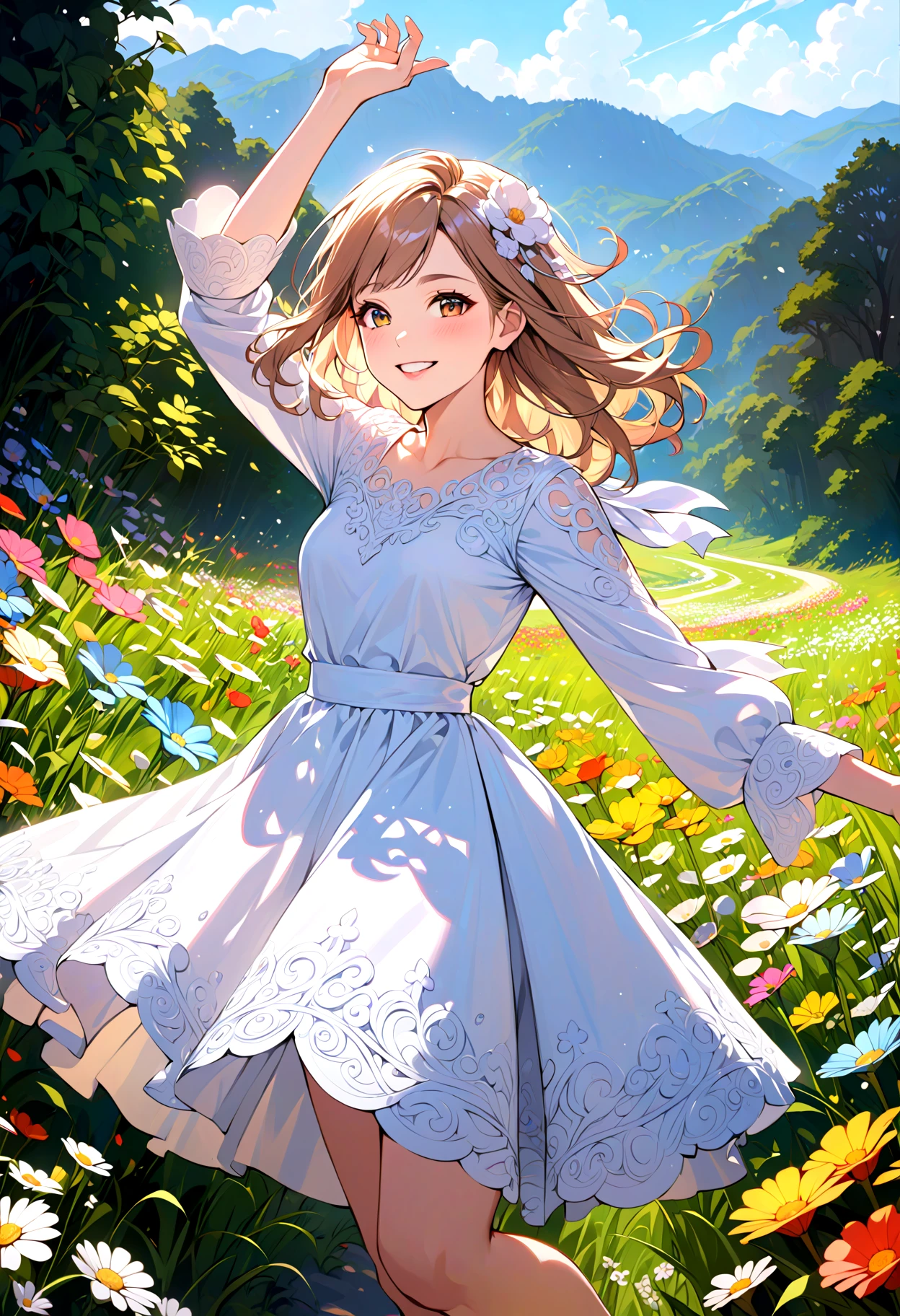 masterpiece (intricate:1.5) Photorealism girl, smile,dress,dynamic pose,cheerful,flowers landscape