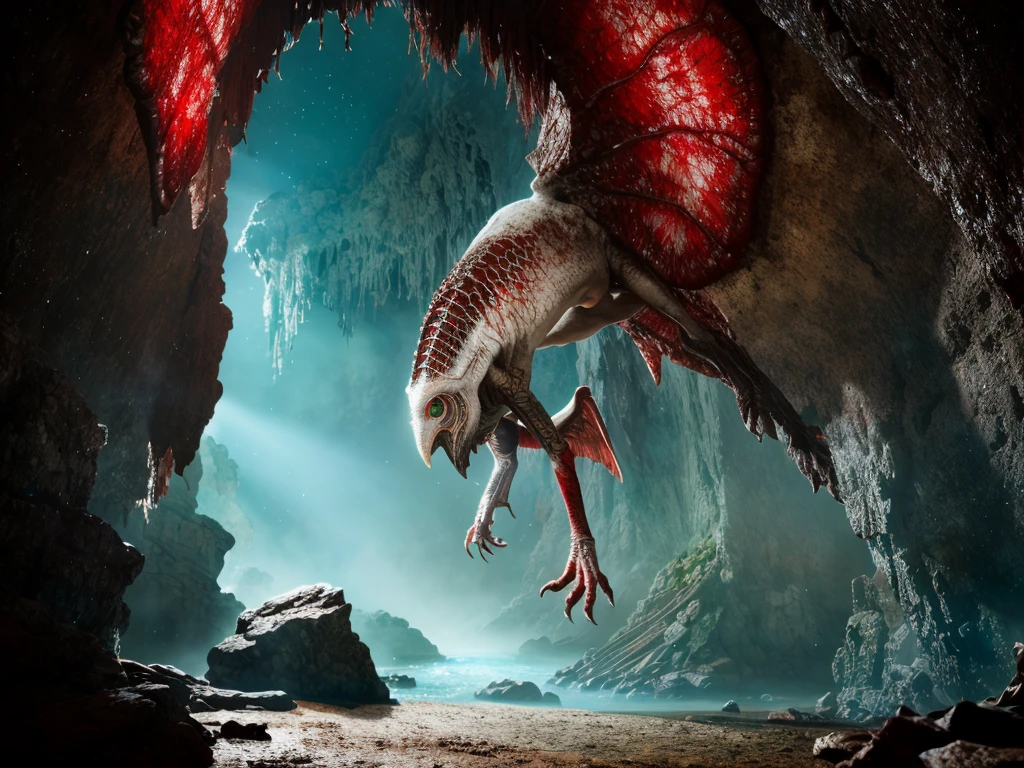 UHD, 8K, ultra detailed, a cinematic photograph of scorn, a white wings creature stands in a cave with rocky archway, masterpiece, beautiful lighting, great composition