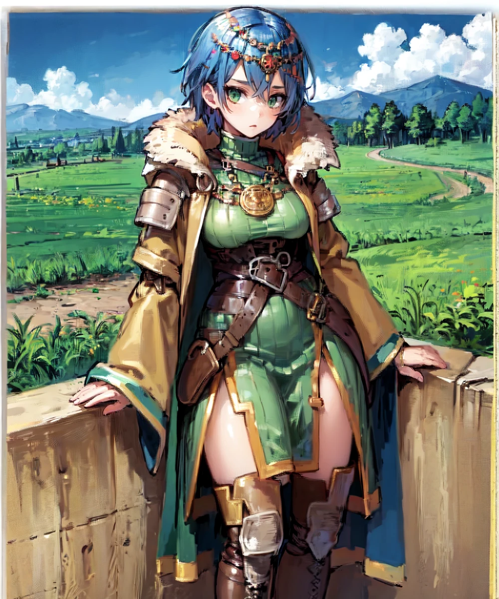(masterpiece, best quality:1.2), 1girl, solo, very short hair, blue hair, green eyes, sitting, bored, hand on face. tunic, coat, big medallion, turtleneck, head ornament, standing, full body, cowboy shot, outdoors, medieval <lora:Layna SN:1>