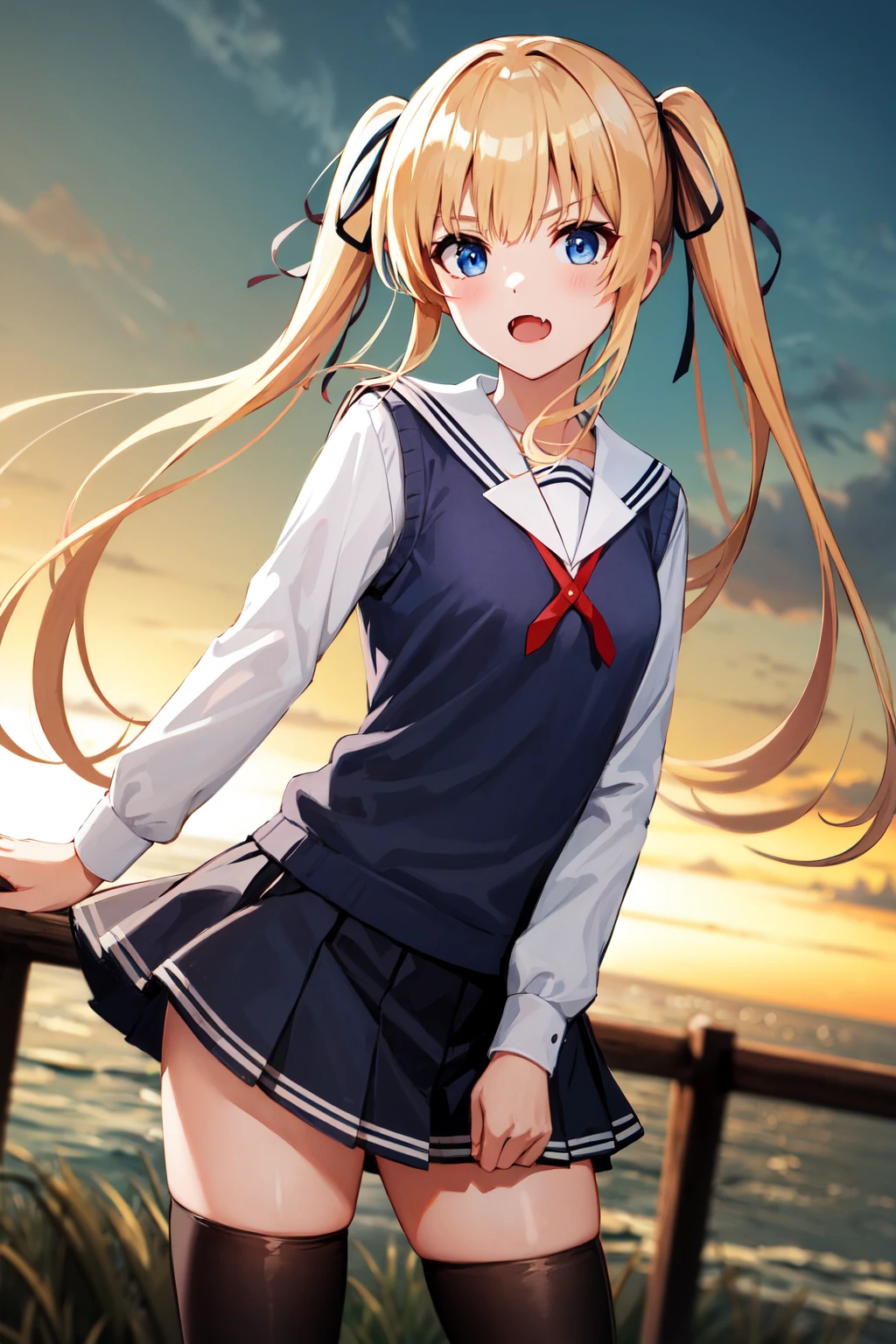 highest quality、8K、one girl,full body figure,big boobs,big boobs,perfect 5-fingered hands、two perfect legs、two perfect arms、school uniform、japanese uniform、Midday Shiina、blonde、long hair、cute smile、perfect thing、big breasts、detailed description、small details、detailed face、white skin、Voluptuous legs、Skirt flip、lift skirt、White panties、whitepanty、erotic pose、turn around、look back、Pose that emphasizes the buttocks、Mahiru Shiina、black stockings