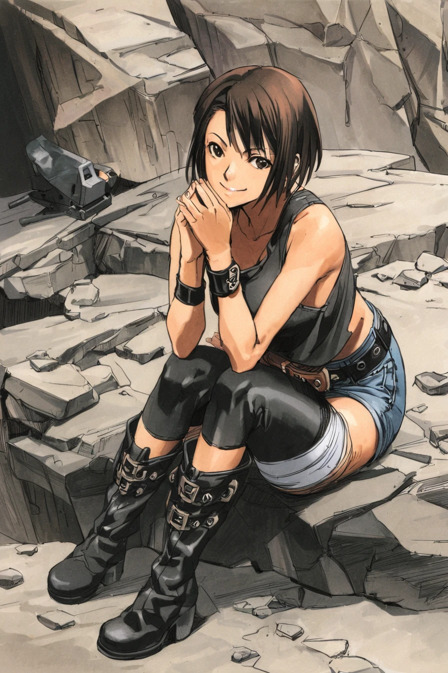  best quality,，Guilty Gear style,  1girl, solo, boots, short hair, thighhighs, shorts, sitting, tank top, thigh boots, own hands together, belt, weapon, denim, smile, denim shorts, gun, wristband, rock, black hair, brown hair, torn clothes