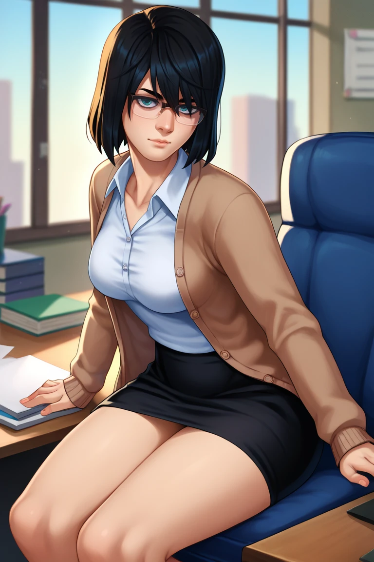 score_9, score_8_up, score_7_up, score_6_up, score_5_up, score_4_up, BREAK, <lora:shadmanPONYXL-guy-v1:1>, shadman, 1girl, solo, breasts, looking at viewer, <lora:saori-ponyxl-000030:0.9> shirosakisaori, glasses, cardigan, black skirt, office, indoors, sitting,
